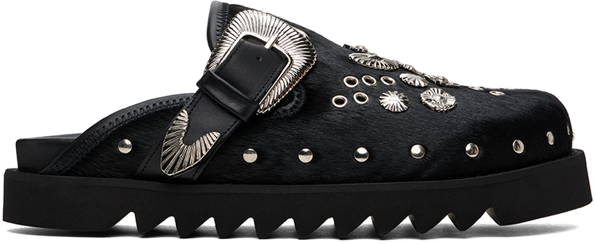 Shop Toga Virilis Ssense Exclusive Black Eyelet Metal Sabot Slip-on Loafers In Black Pony