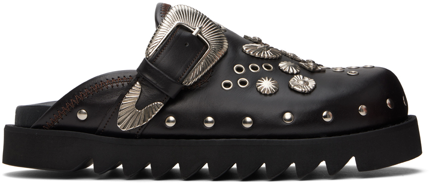 Shop Toga Virilis Brown Eyelet Metal Sabot Loafers In Dark Brown Leather