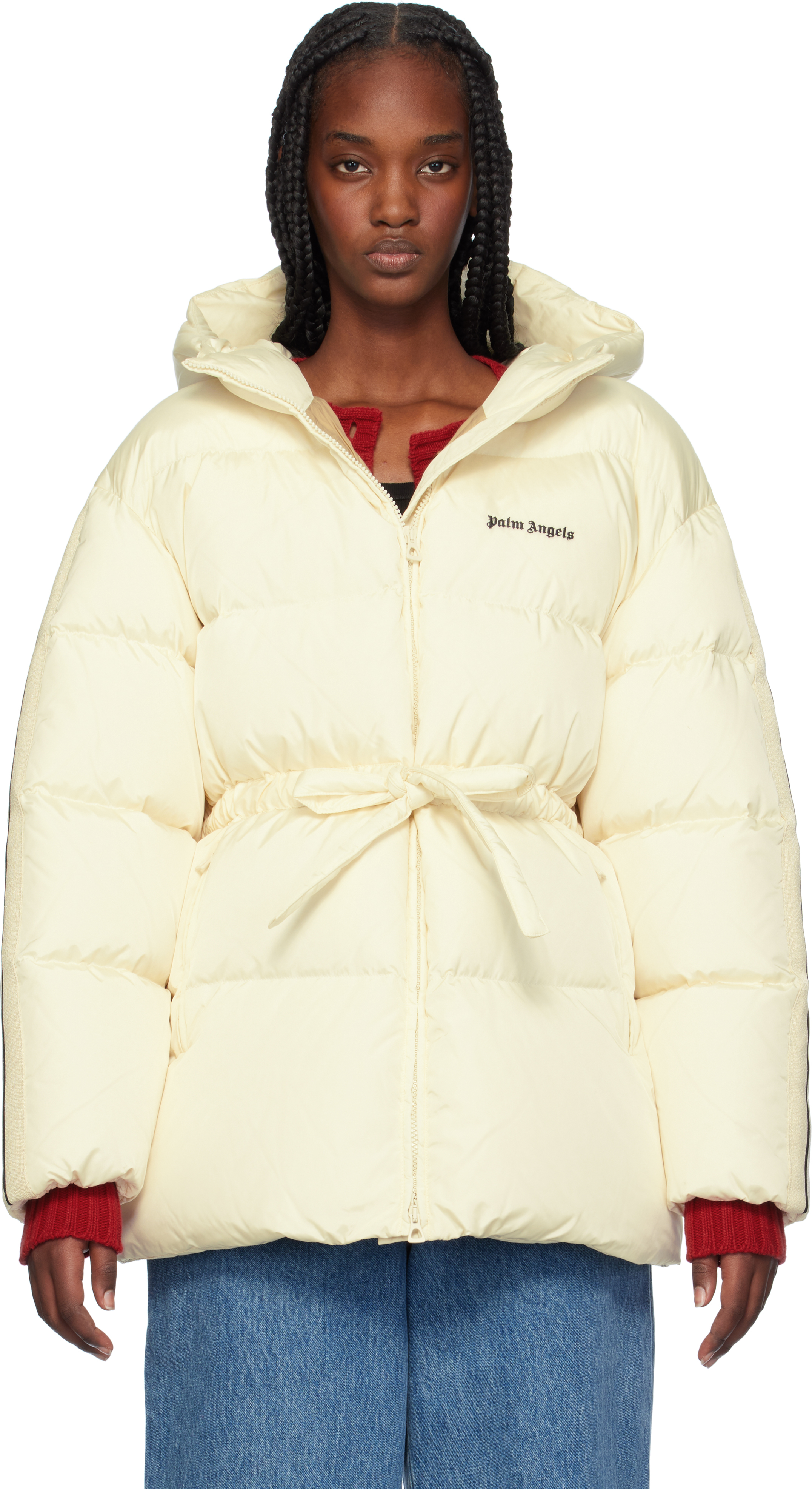 Shop Palm Angels Off-white Waist Belt Down Jacket In Off White Bl