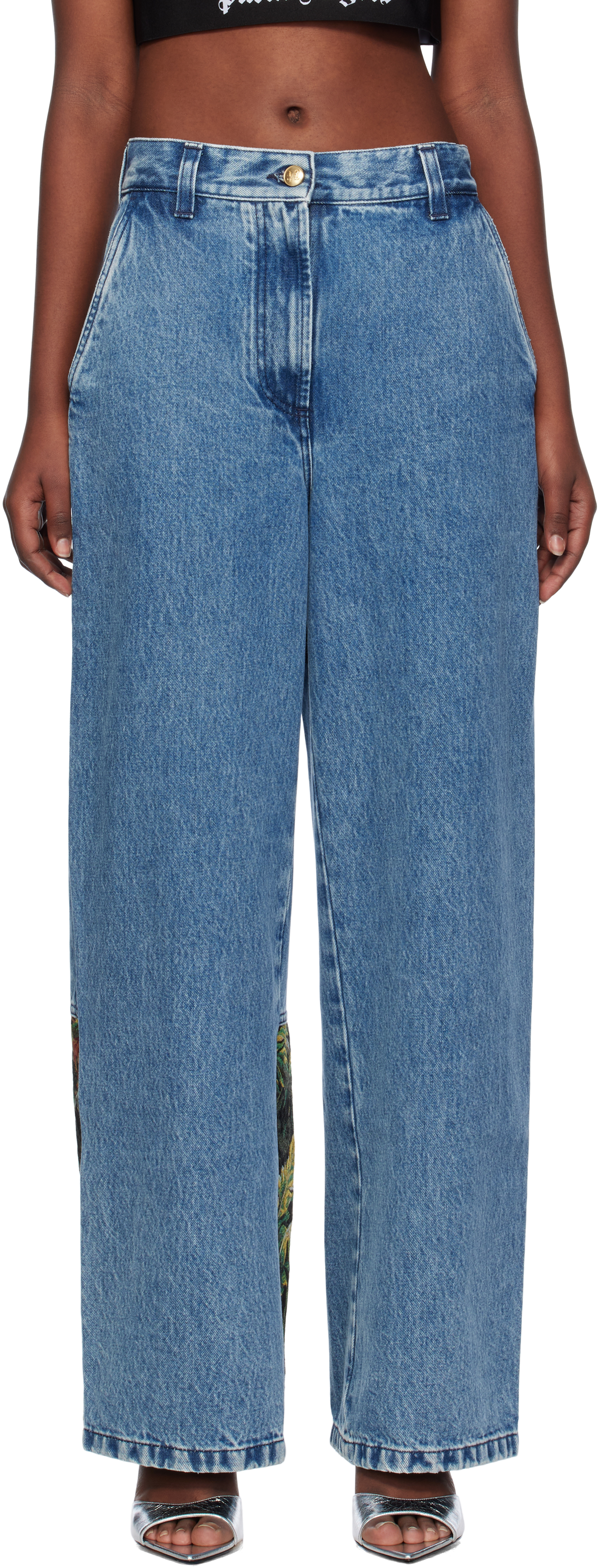 【関税&送料込】Palm Angels Baggy Jeans With Jungle Insert Blue Baggy Jungle Insert Jeans by Palm Angels on Sale