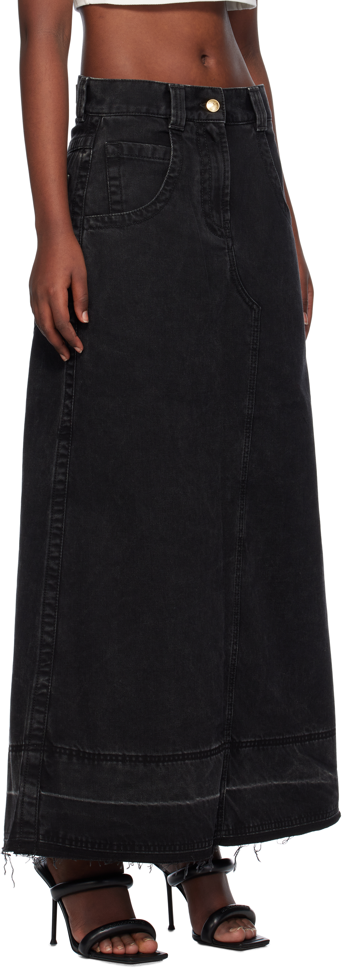 Shop Palm Angels Black Split Denim Maxi Skirt