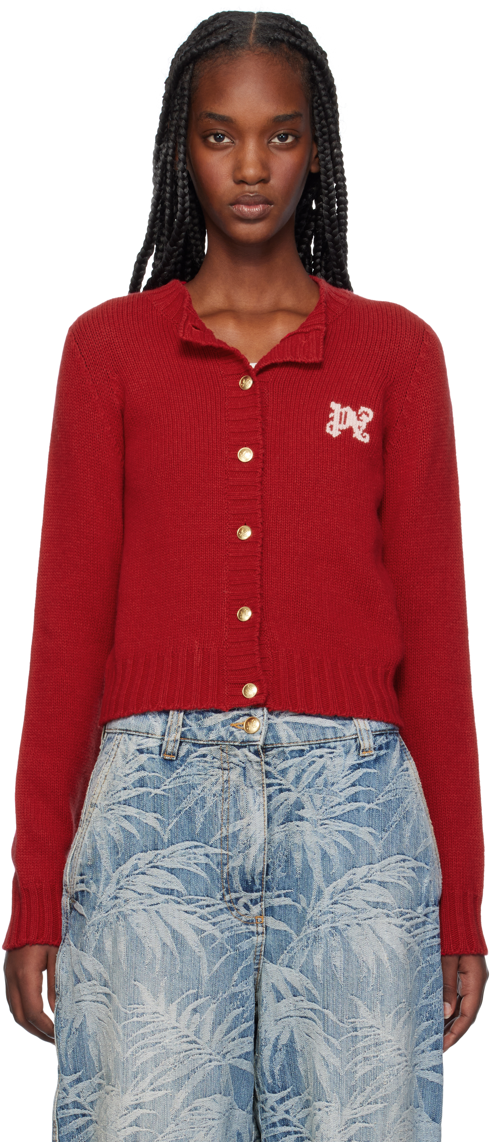 PALM ANGELS RED MONOGRAM CARDIGAN 