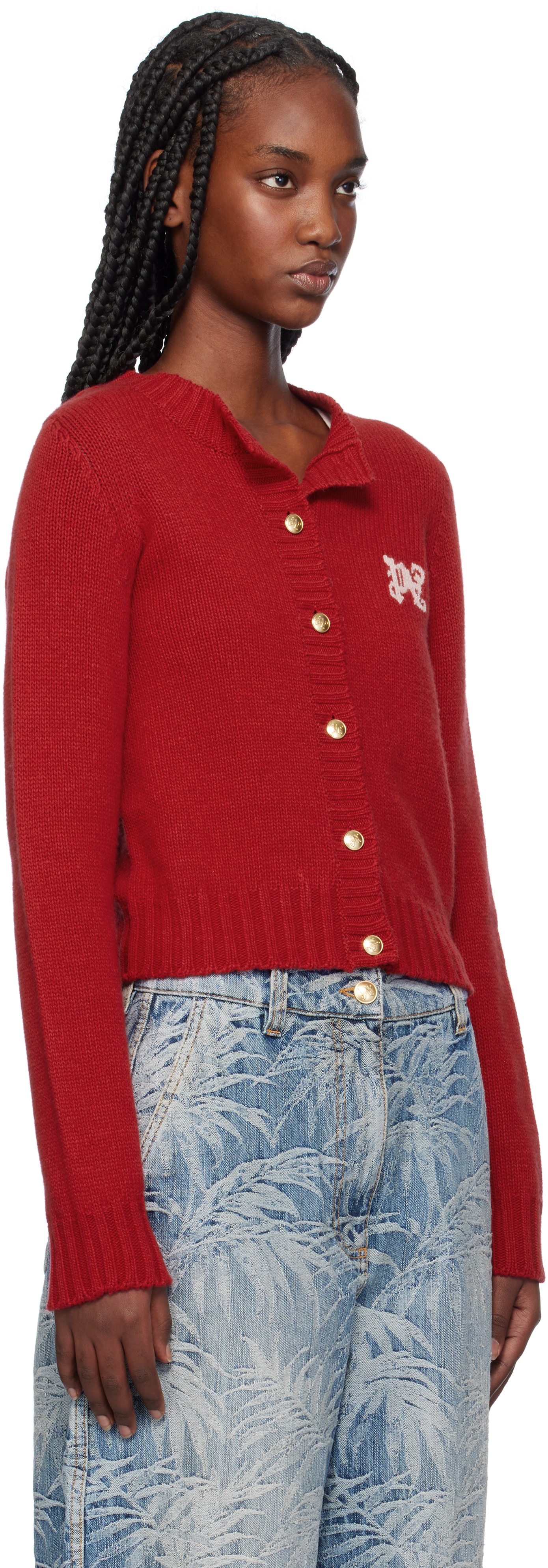 Palm Angels Red Monogram Cardigan In Red Pink
