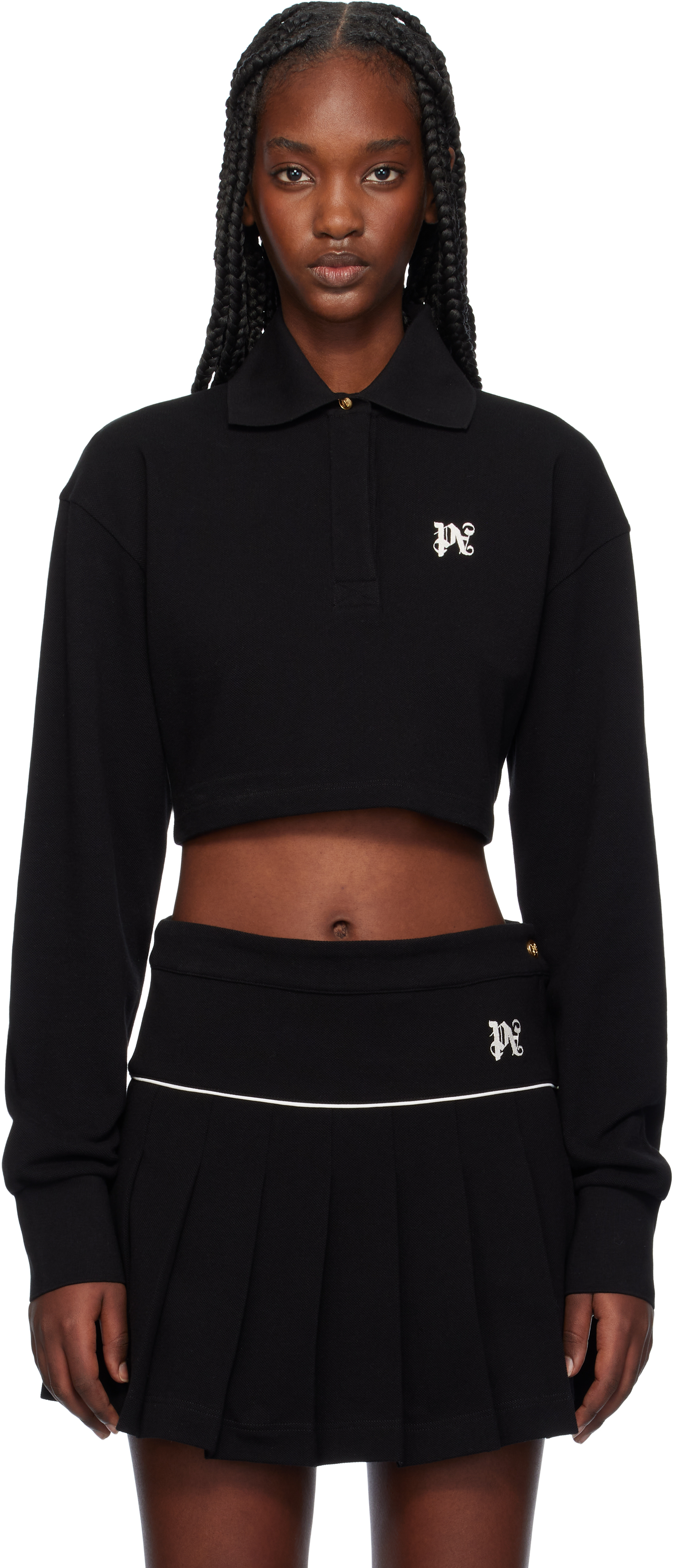 PALM ANGELS BLACK MONOGRAM CROPPED POLO 