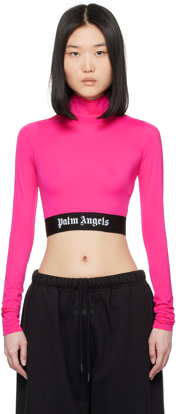 Shop Palm Angels Pink Cropped Long Sleeve T-shirt In Fuchsia Bl