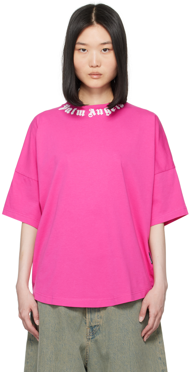 Shop Palm Angels Pink Neck Logo T-shirt In Fuchsia Off White