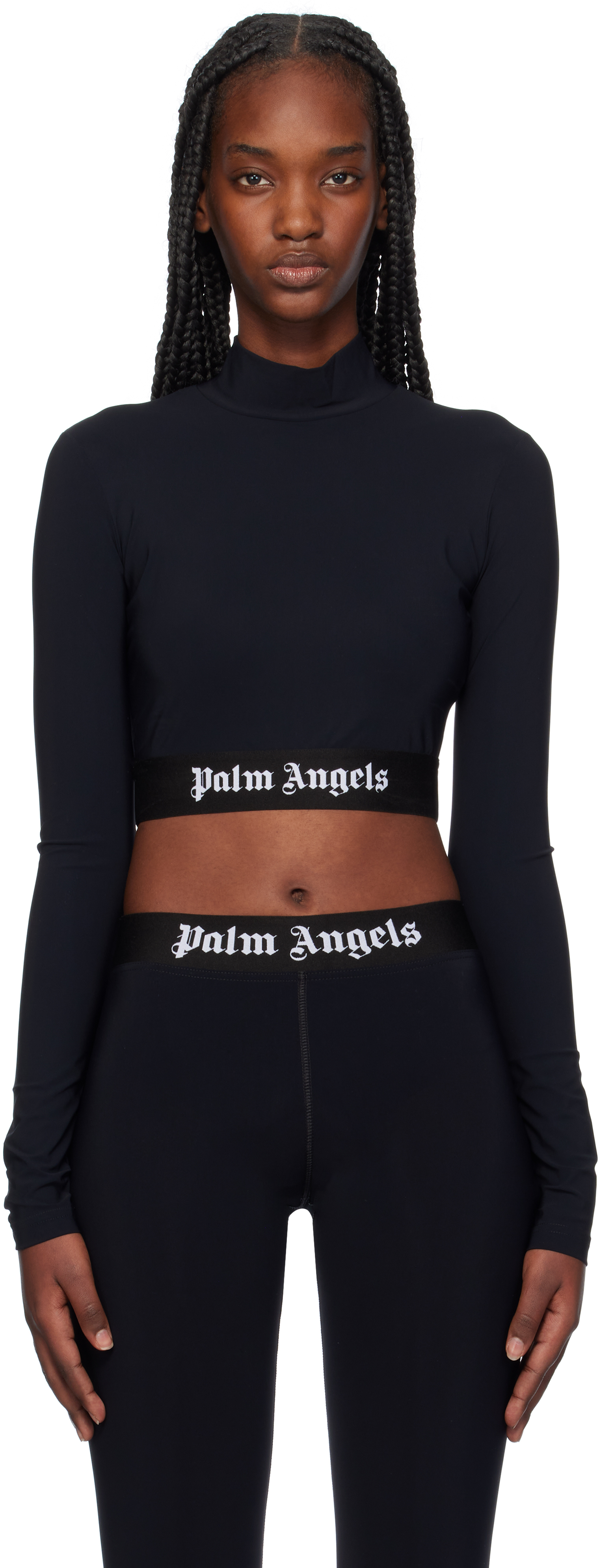 Shop Palm Angels Black Mockneck Logo Sport Top In Black White