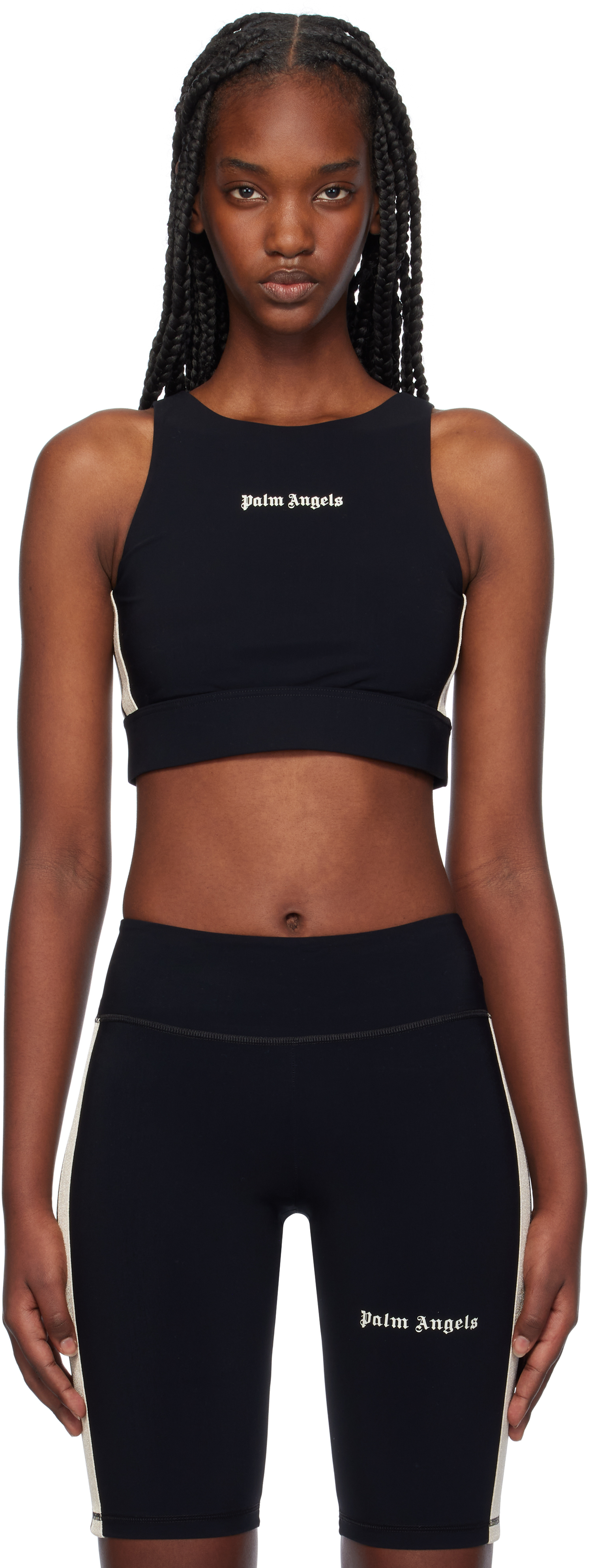 Palm Angels Black Training Crop Sport Top In Black Off White