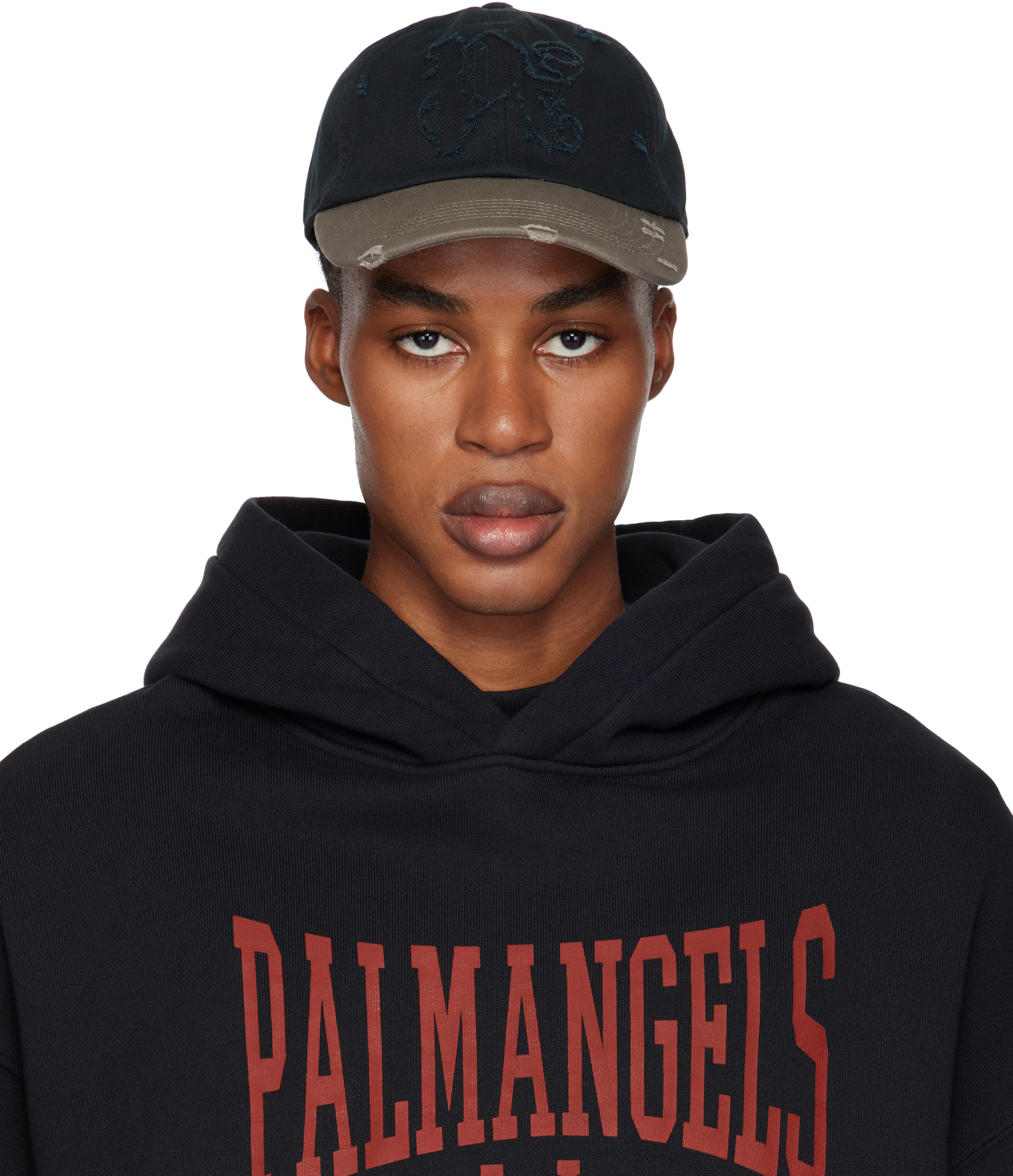 PALM ANGELS BLACK & TAUPE RIPPED MONOGRAM CAP 