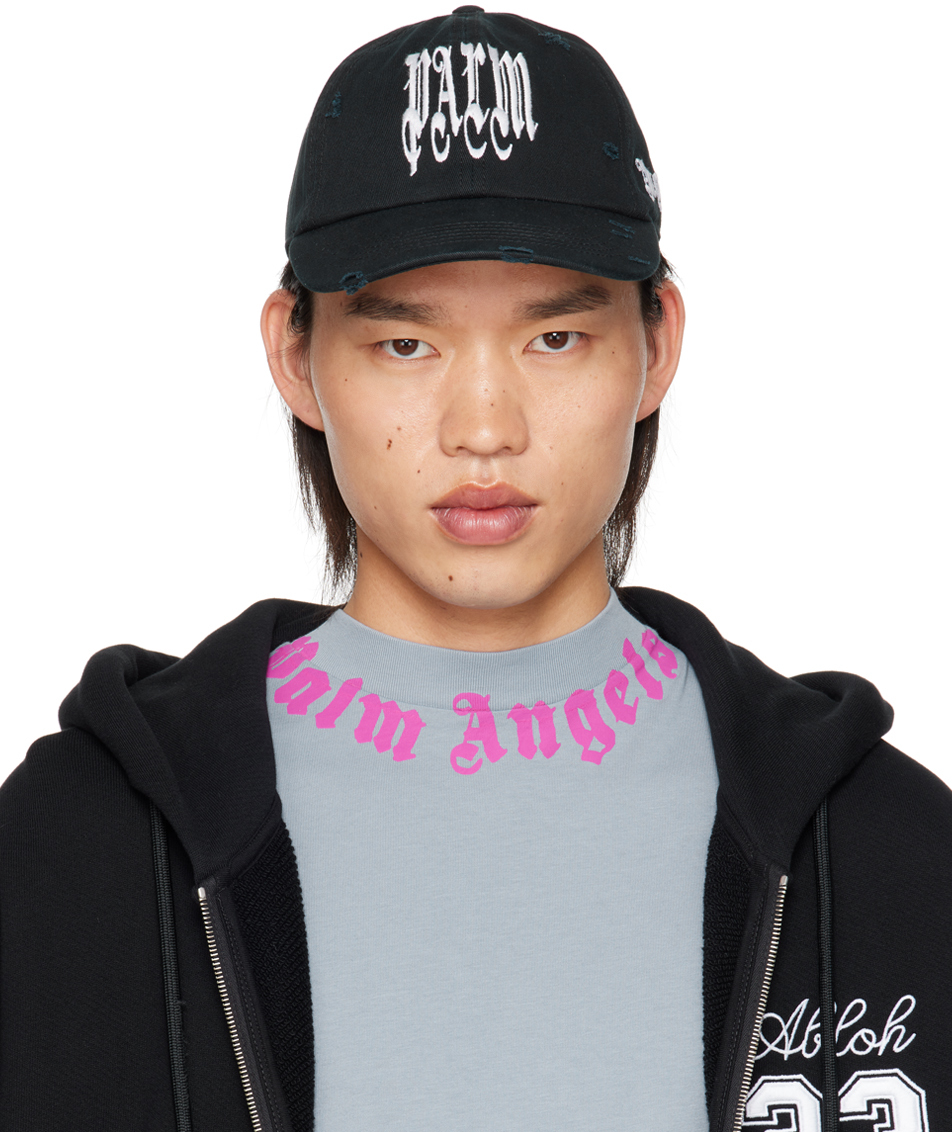 Shop Palm Angels Black Gothic Logo Cap In Black White