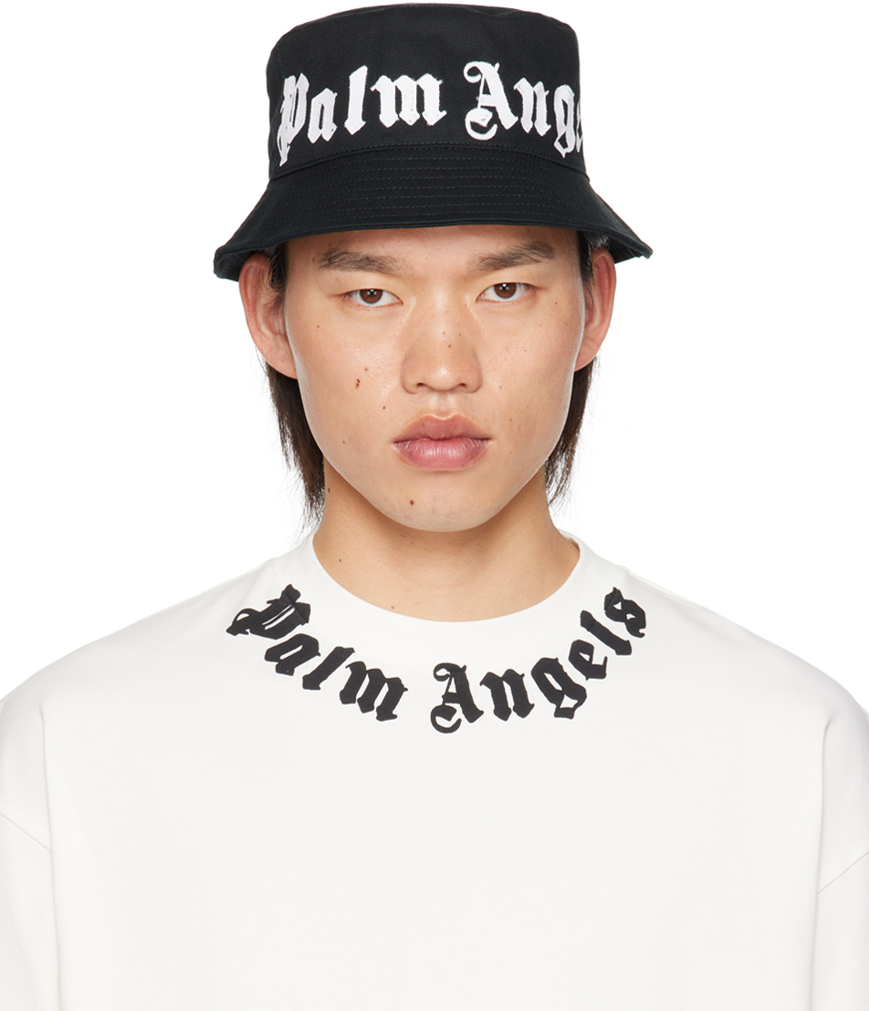 Black Logo Bucket Hat by Palm Angels on Sale