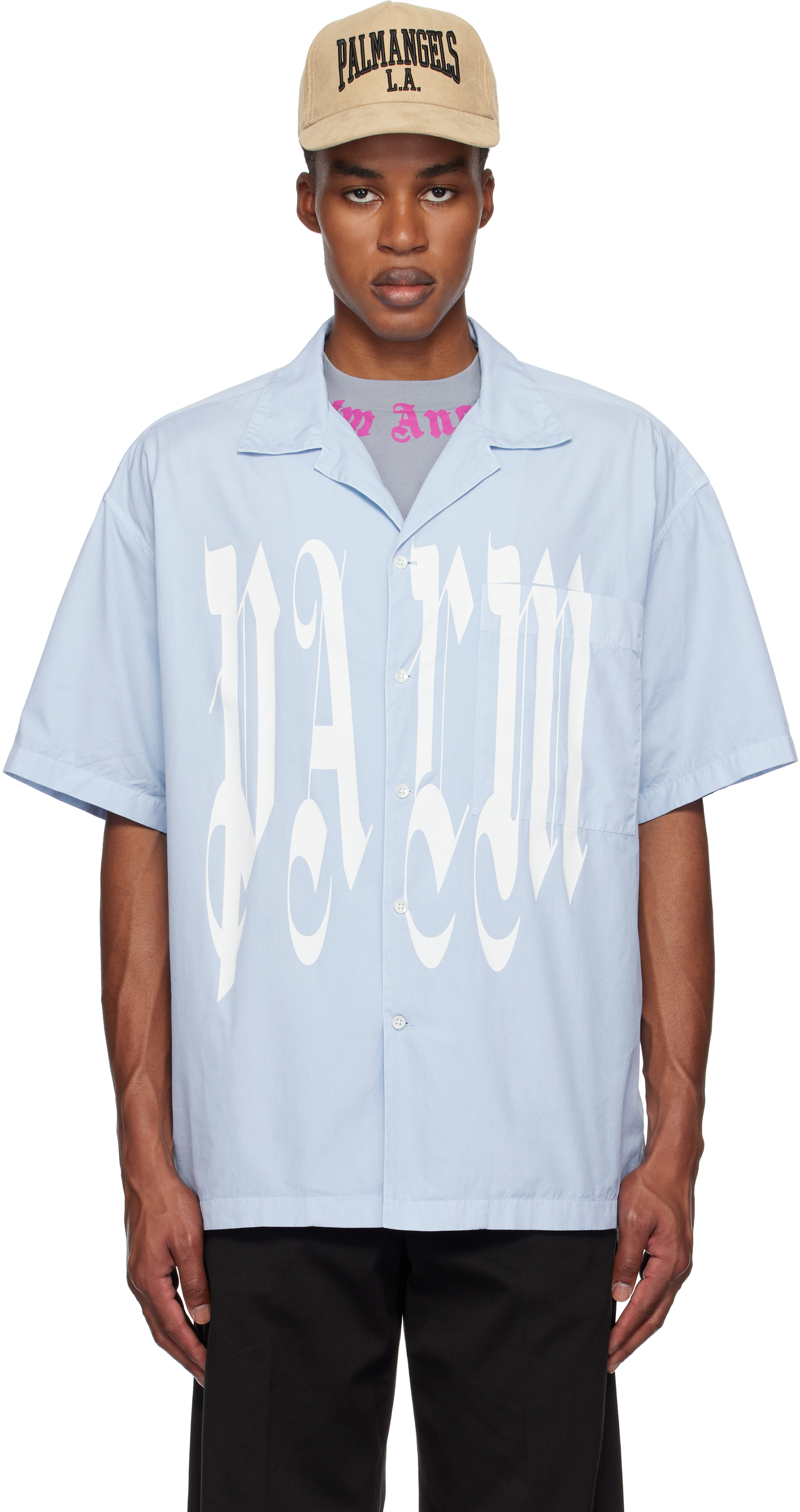 Palm Angels Blue Gothic Logo Shirt In Light Blue White