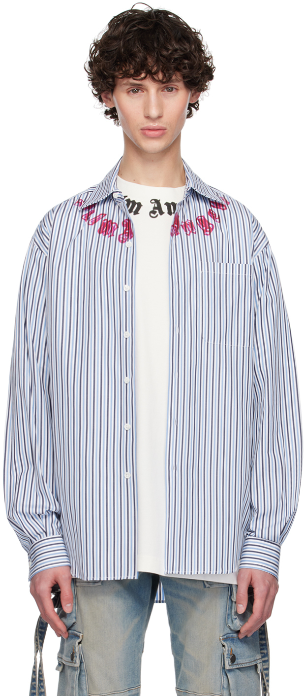 【関税込み】PALM ANGELS STRIPED COTTON SHIRT Blue Striped Shirt by Palm Angels on Sale