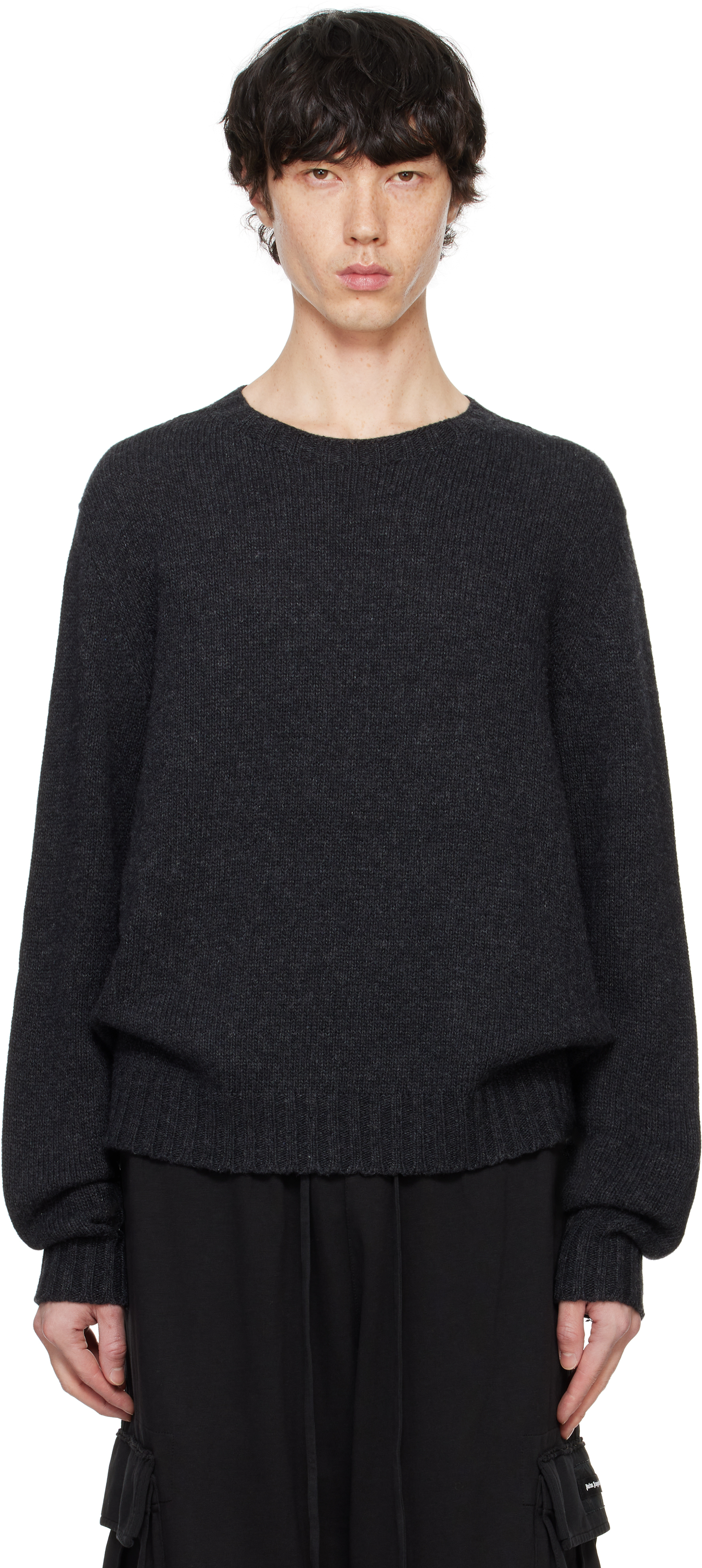 Palm Angels グレー クルーネックセーター CURVED LOGO SWEATER GREY MELANGE - OFF W in GREY MELANGE