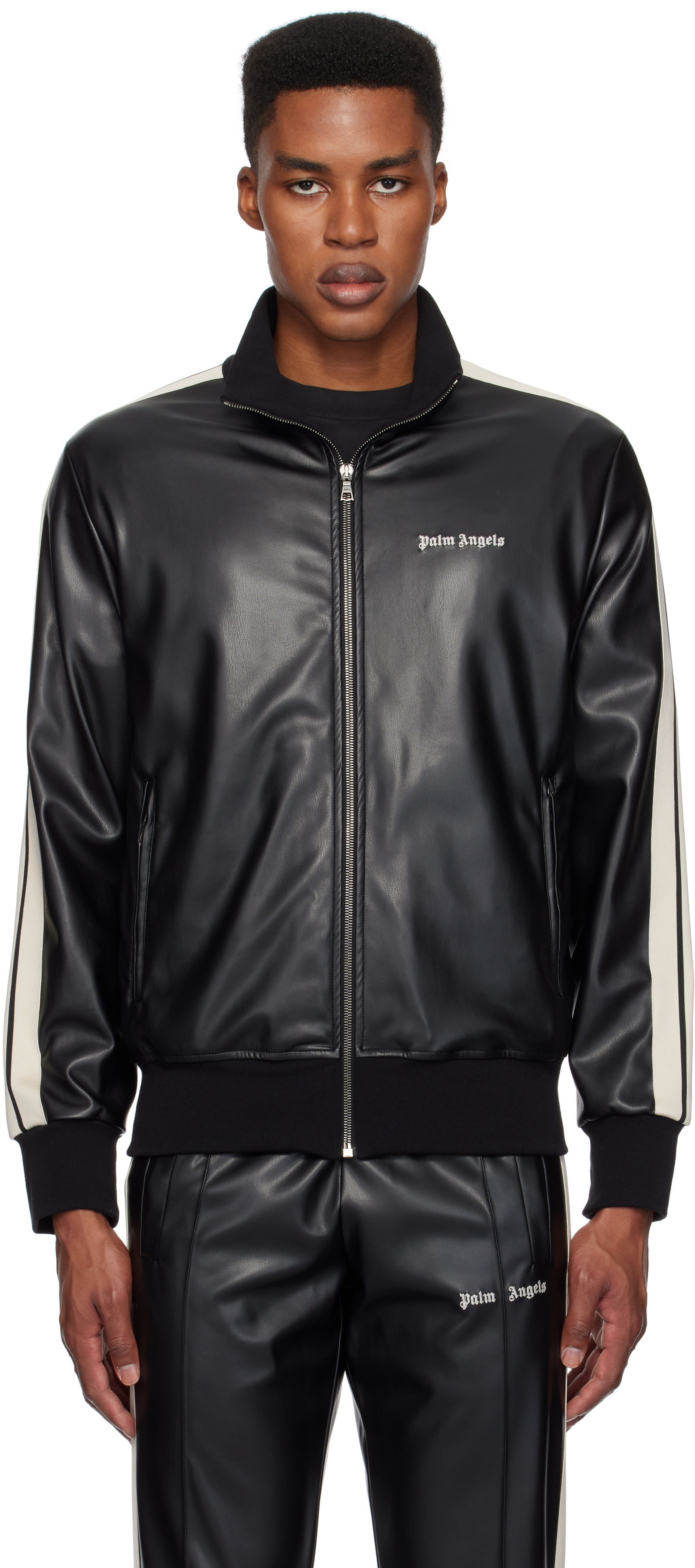 Black Leather Effect Faux-Leather Track Jacket