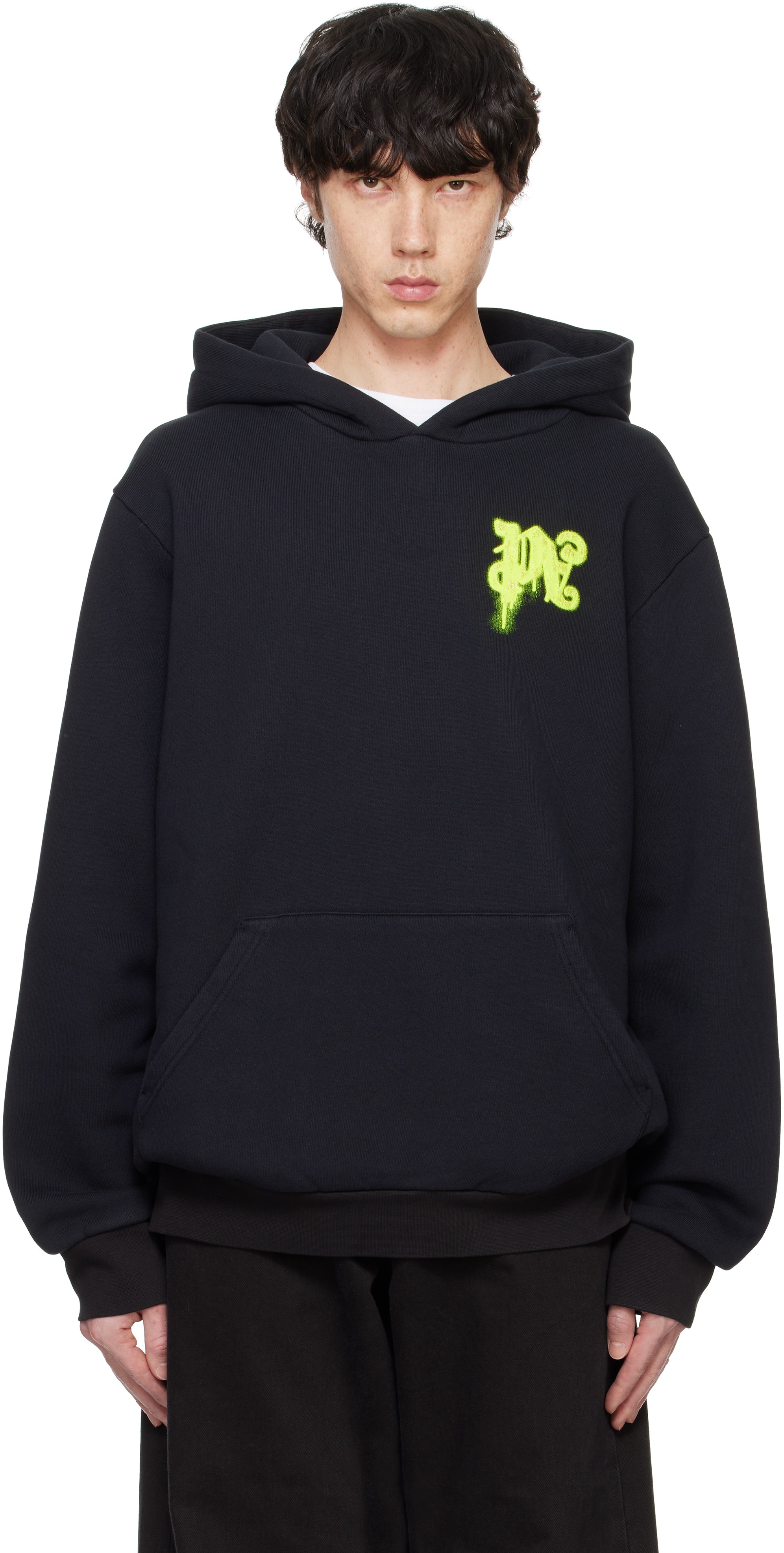 Shop Palm Angels Black Thinking Pencil Hoodie In Black Yellow Fluo