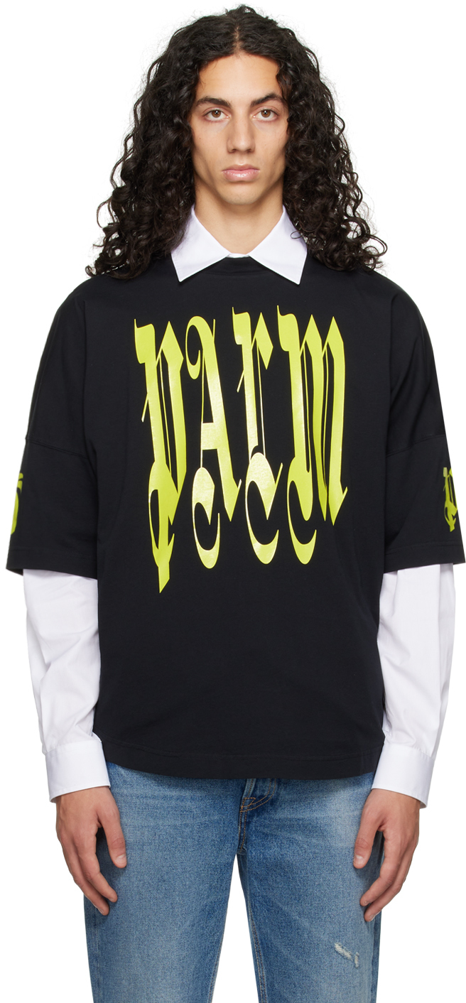 Shop Palm Angels Black Printed T-shirt In Black Lime