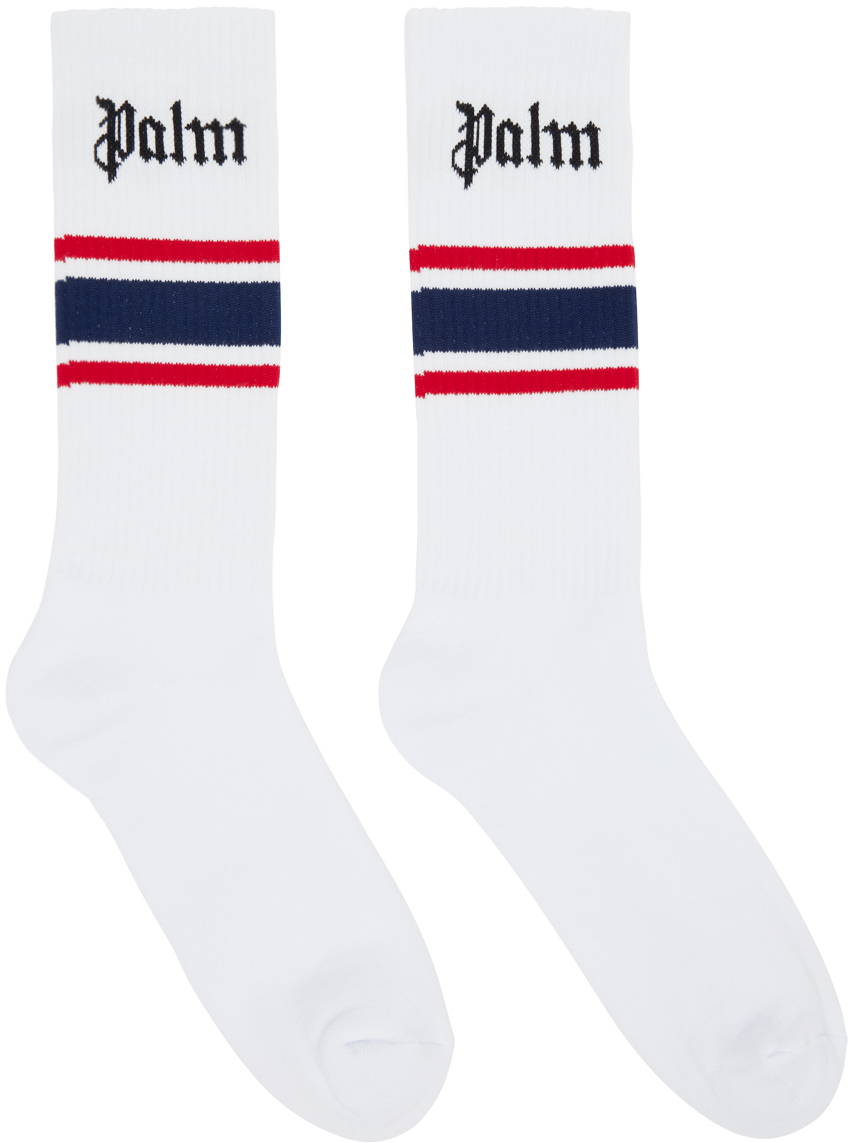 Shop Palm Angels White Classic Logo Striped Socks In White Navy Bl