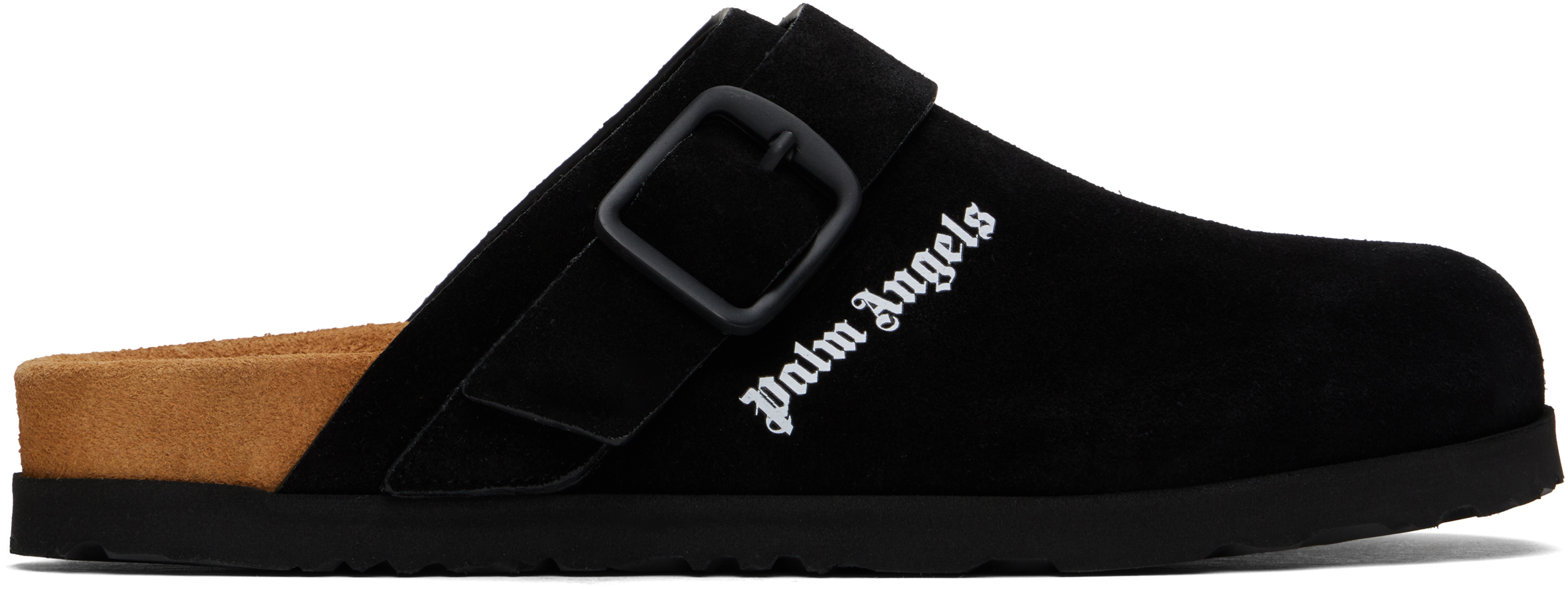 PALM ANGELS BLACK LOGO CALF LEATHER MULES 