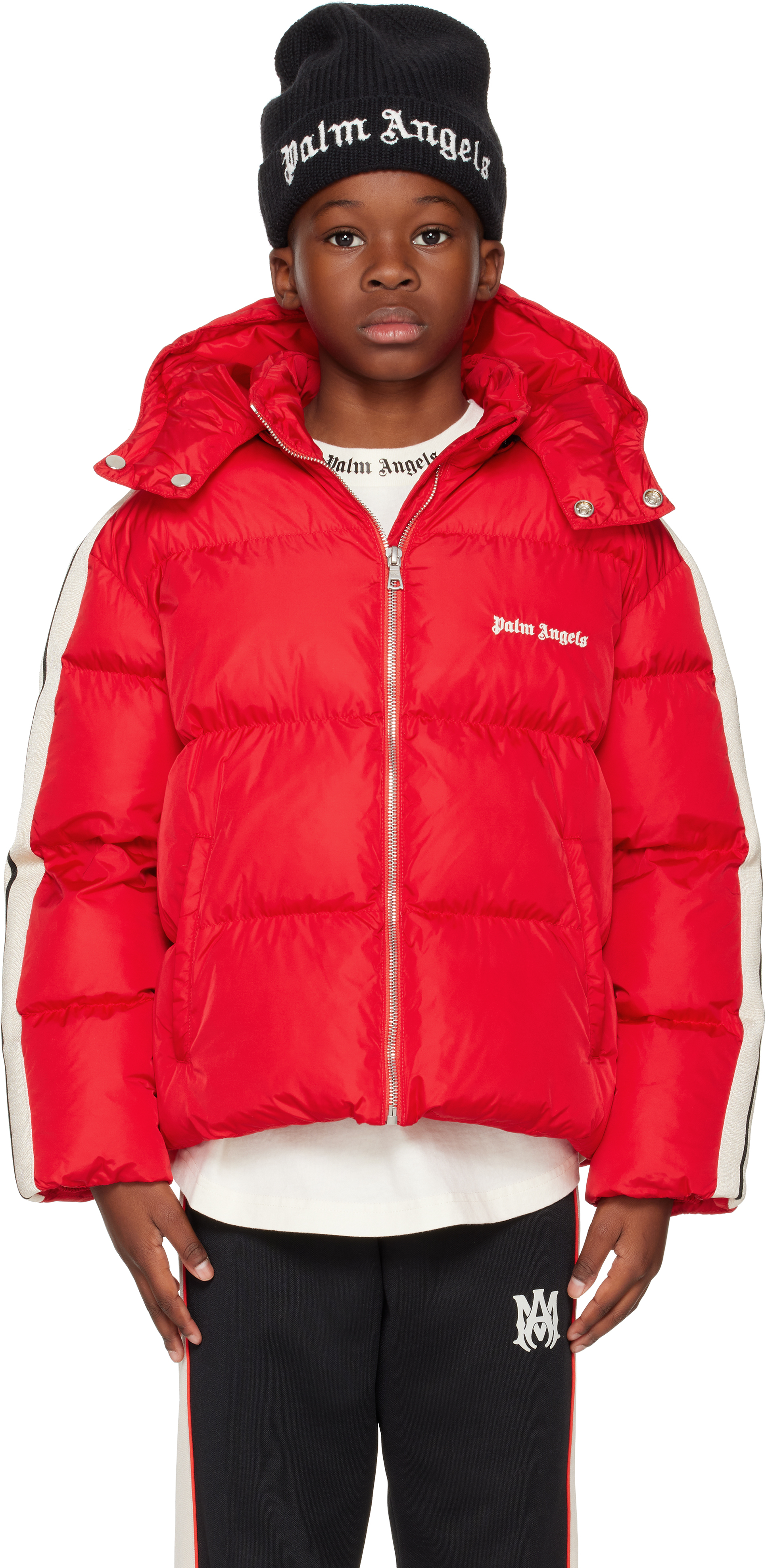 Kids Red Hooded Puffer Jacket by Palm Angels on Sale