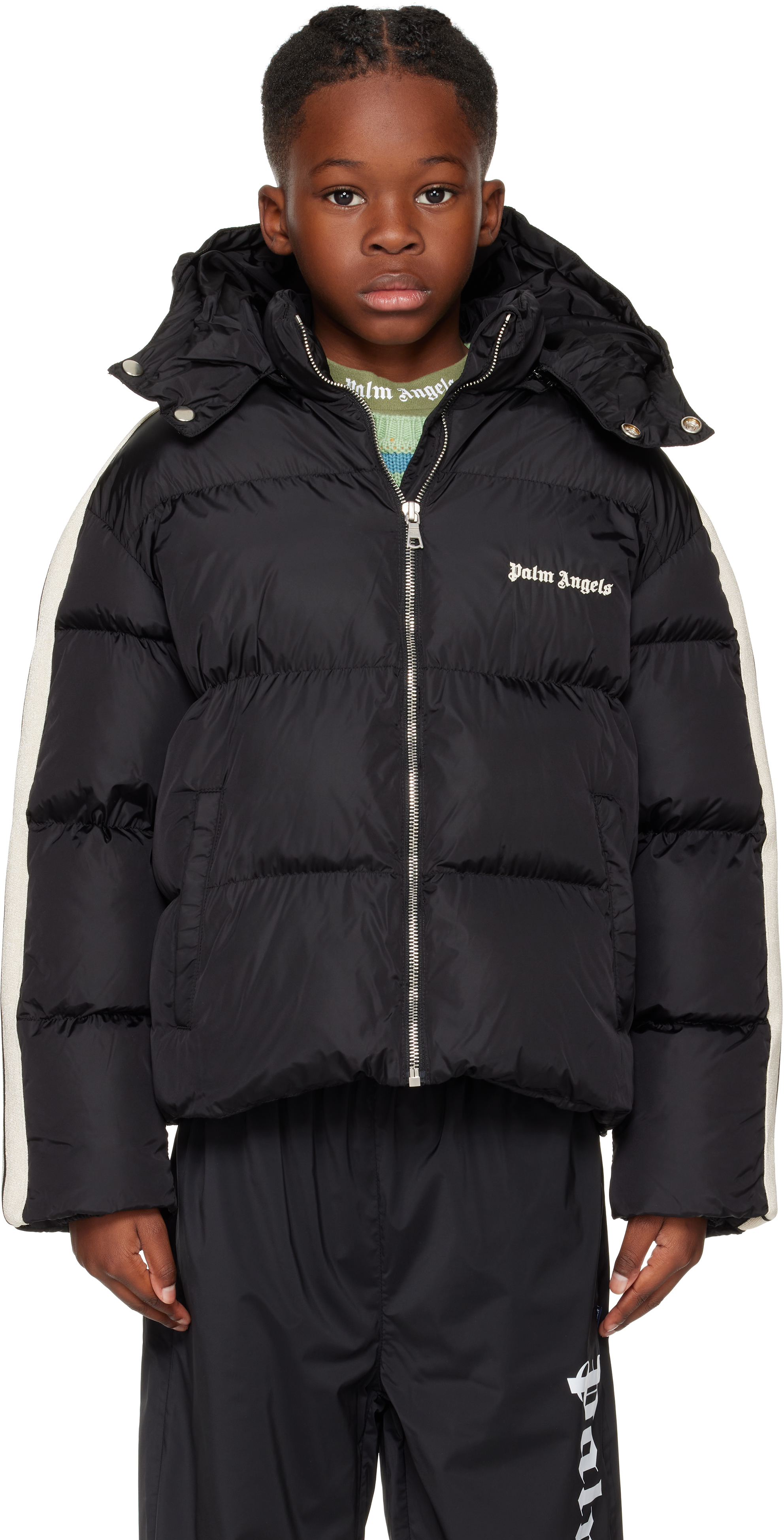 PALM ANGELS KIDS BLACK HOODED PUFFER JACKET
