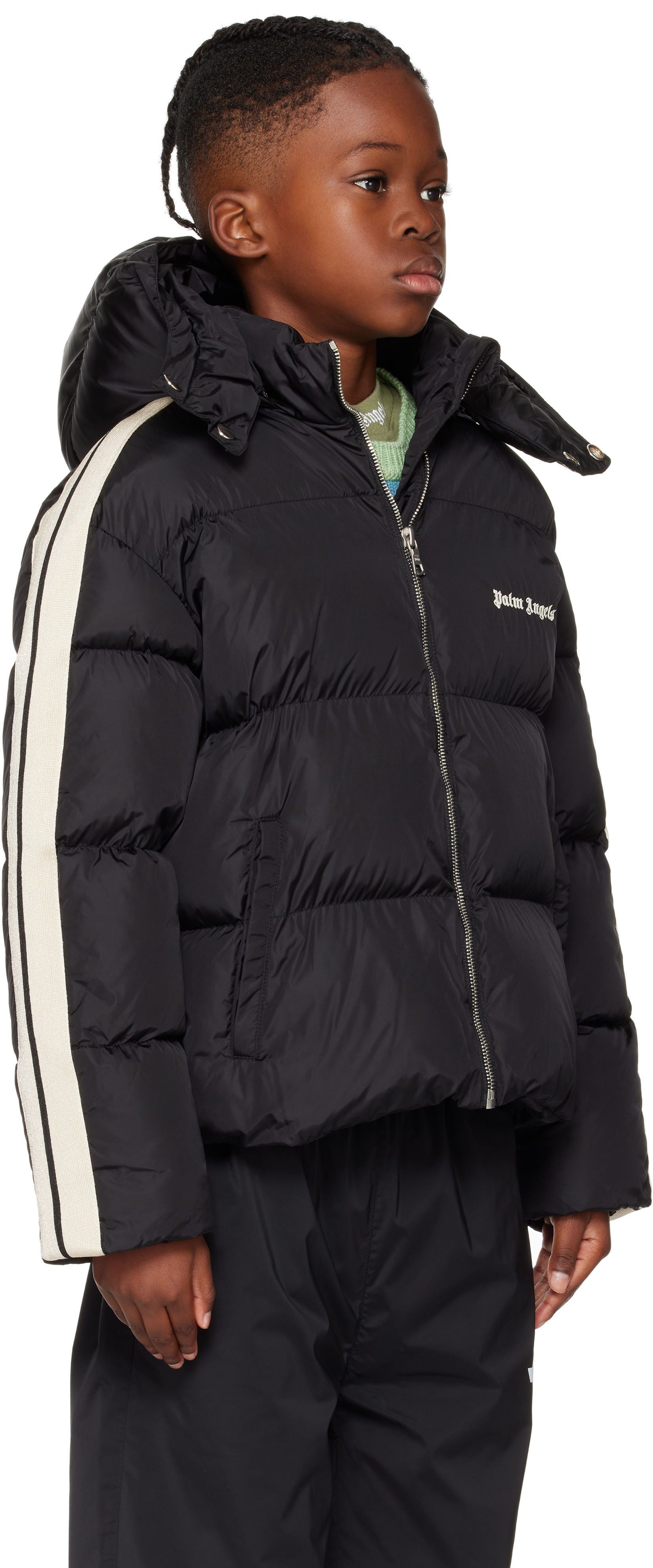 PALM ANGELS KIDS BLACK HOODED PUFFER JACKET