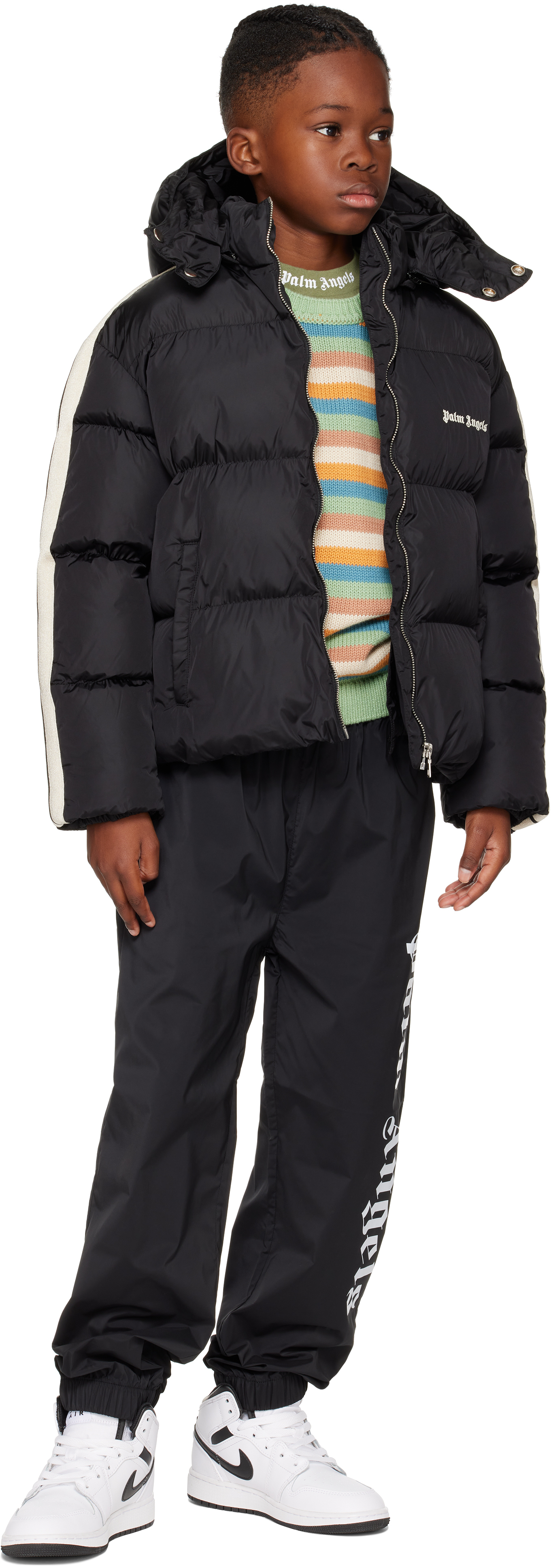 PALM ANGELS KIDS BLACK HOODED PUFFER JACKET