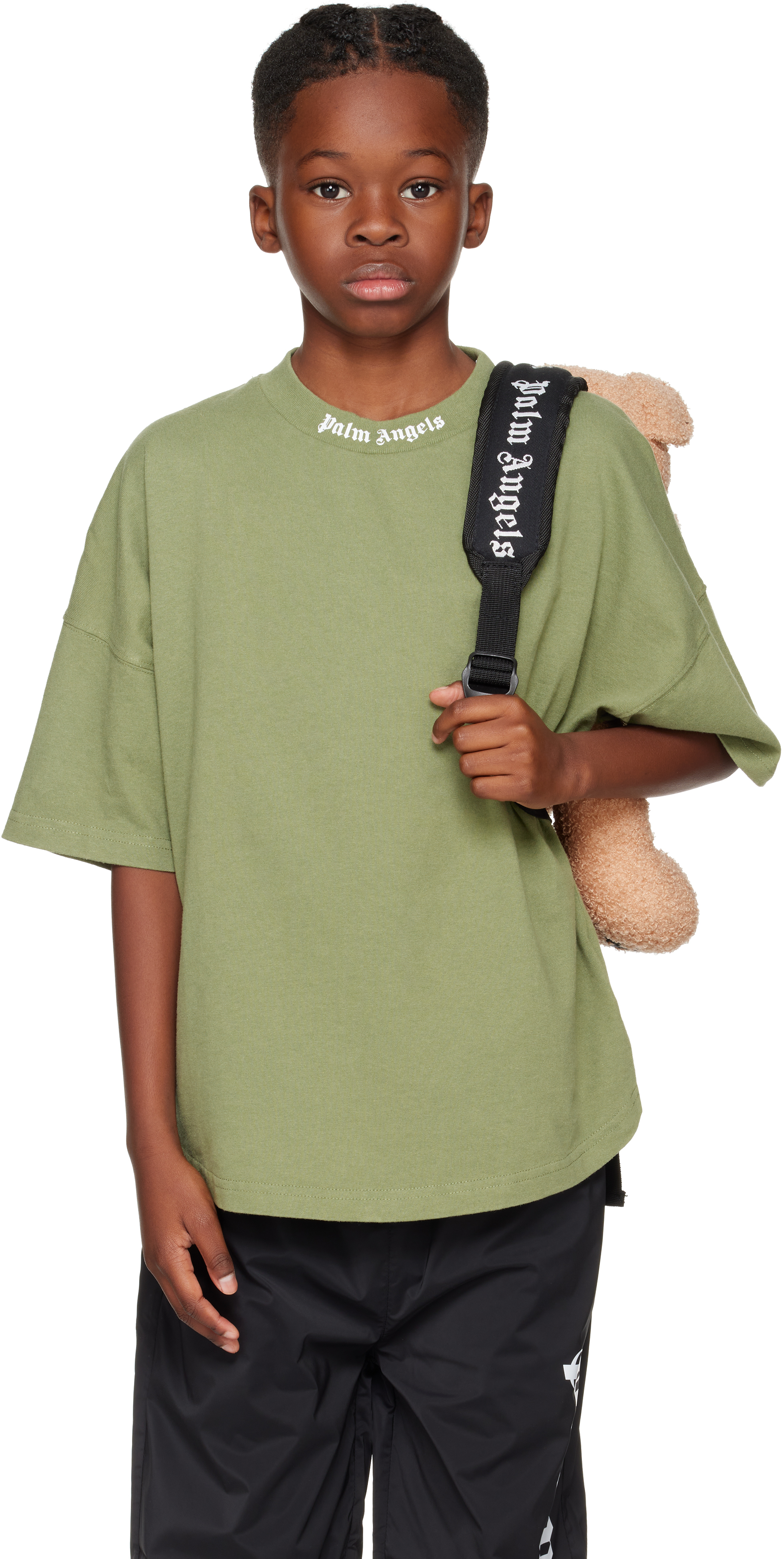 Palm Angels Kids Khaki Classic Overlogo T-shirt In Military Gr