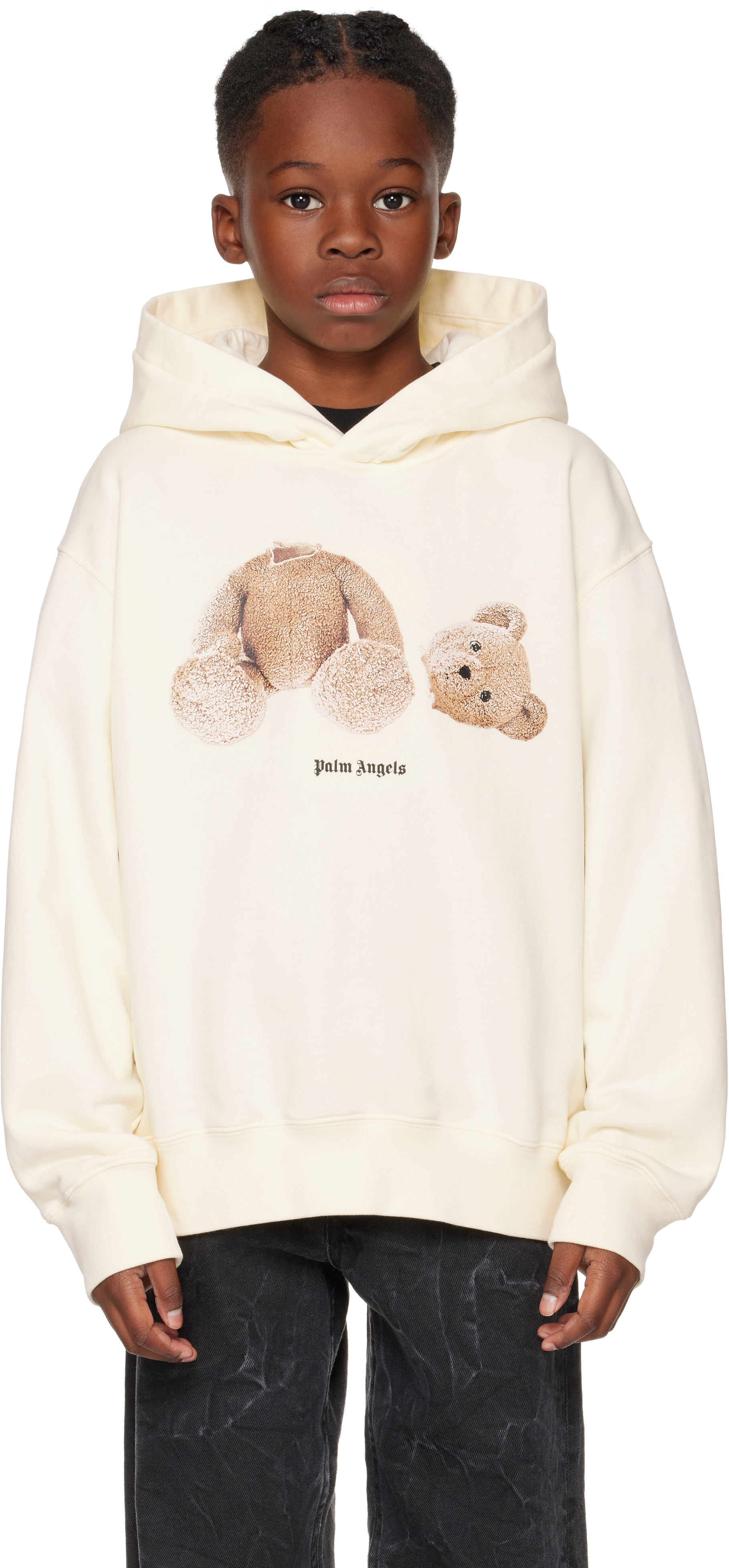 Shop Palm Angels Kids Off-white Bear Hoodie In Butter Brown