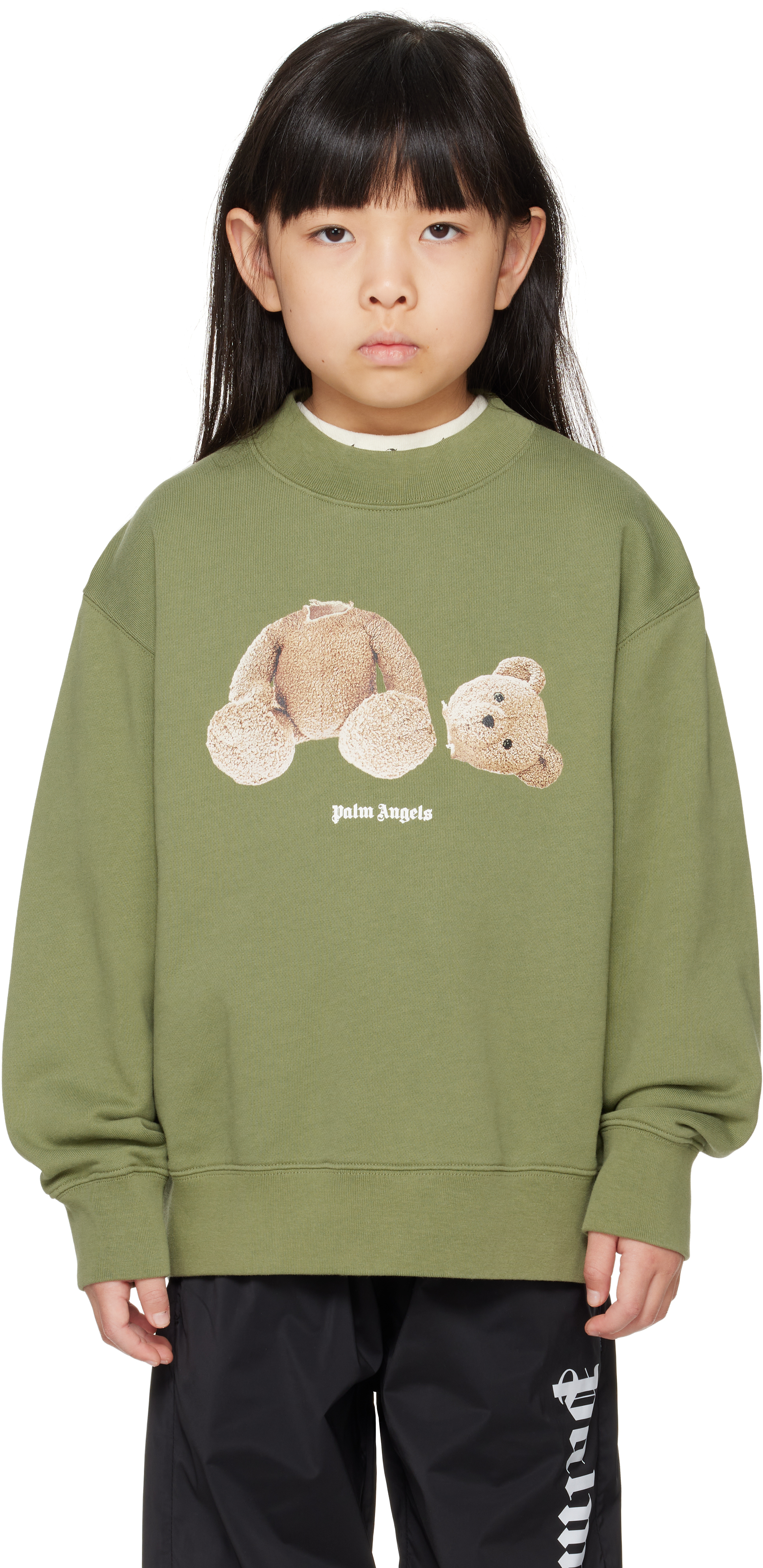 Palm Angels Kids Khaki Bear Sweatshirt In Military Green