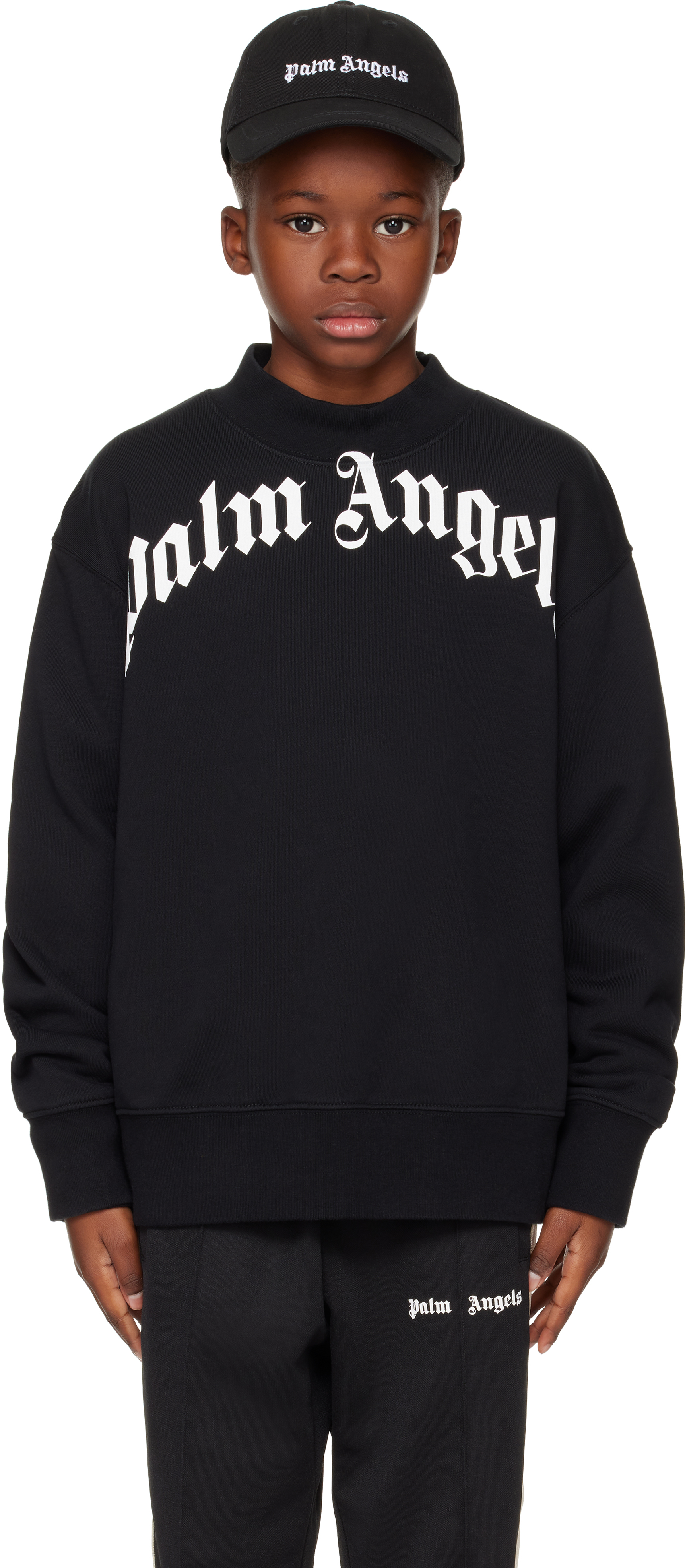 Palm Angels Kids Black Classic Curved Logo Sweatshirt In Black White