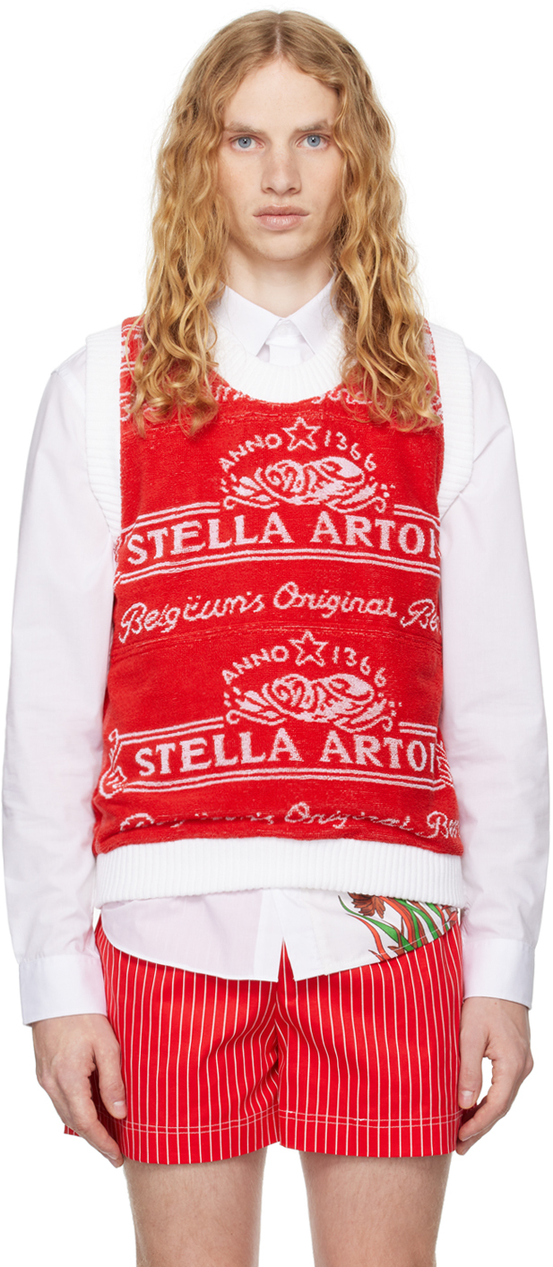 Red 'Stella' Beer Towel Vest by Adam Jones on Sale
