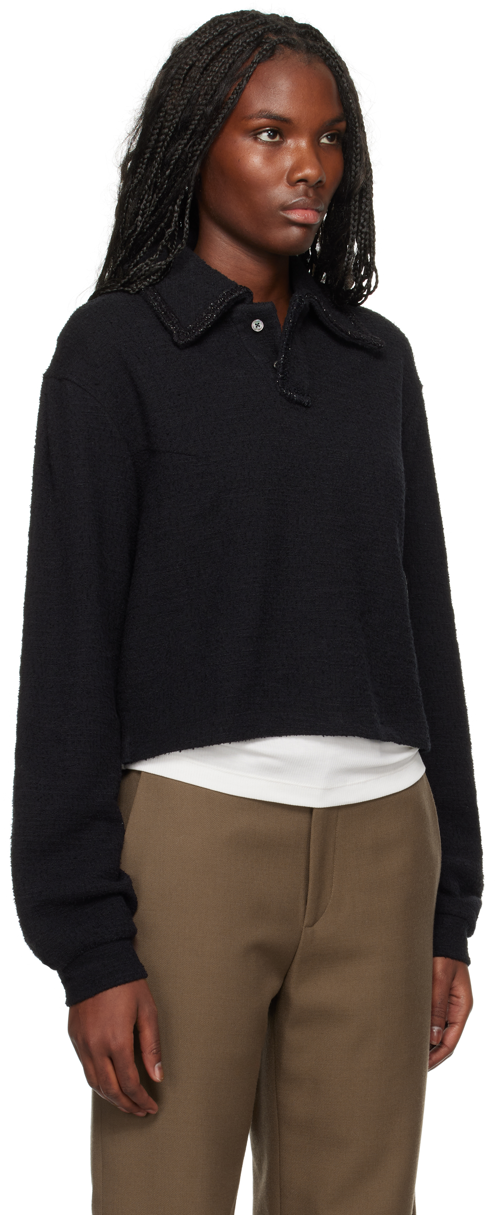 Shop Wooyoungmi Black Long Sleeve Tweed Polo