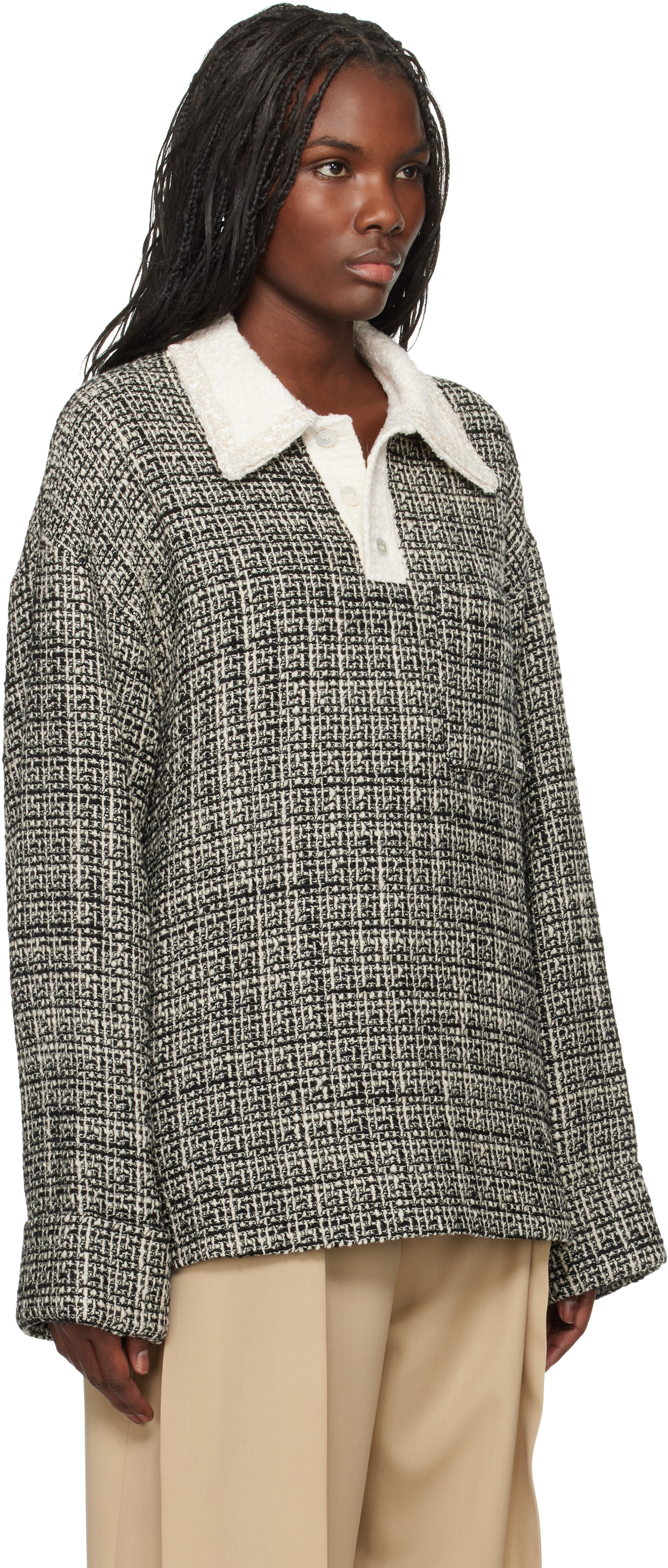 Wooyoungmi Black & White Multi Tweed Long Sleeve Polo In 925tmulti