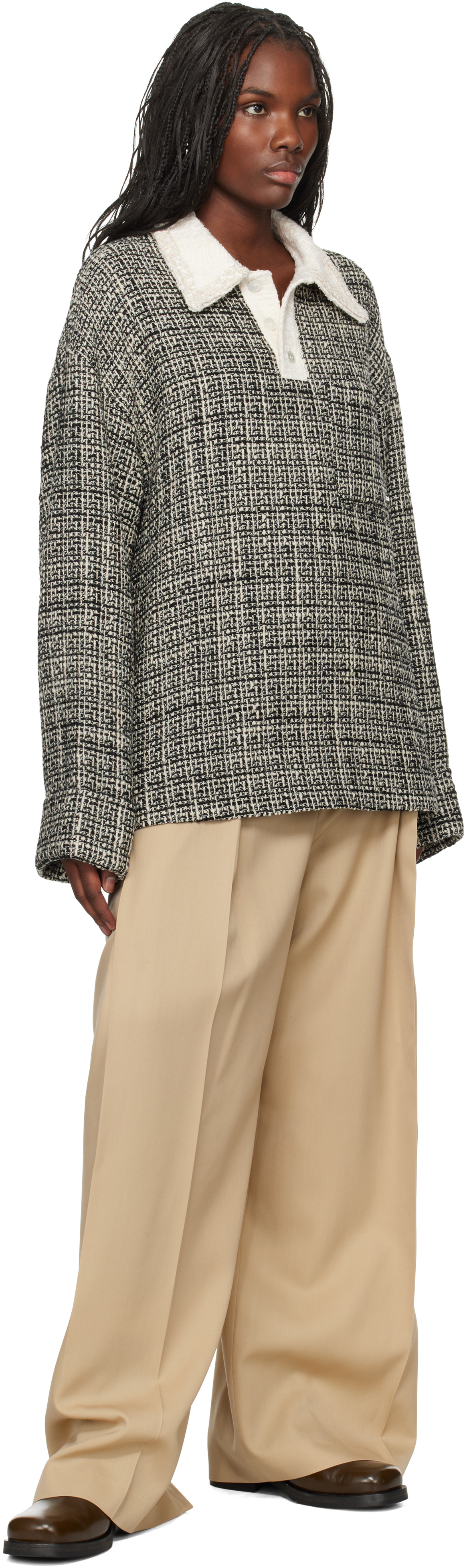Wooyoungmi Black & White Multi Tweed Long Sleeve Polo In 925tmulti
