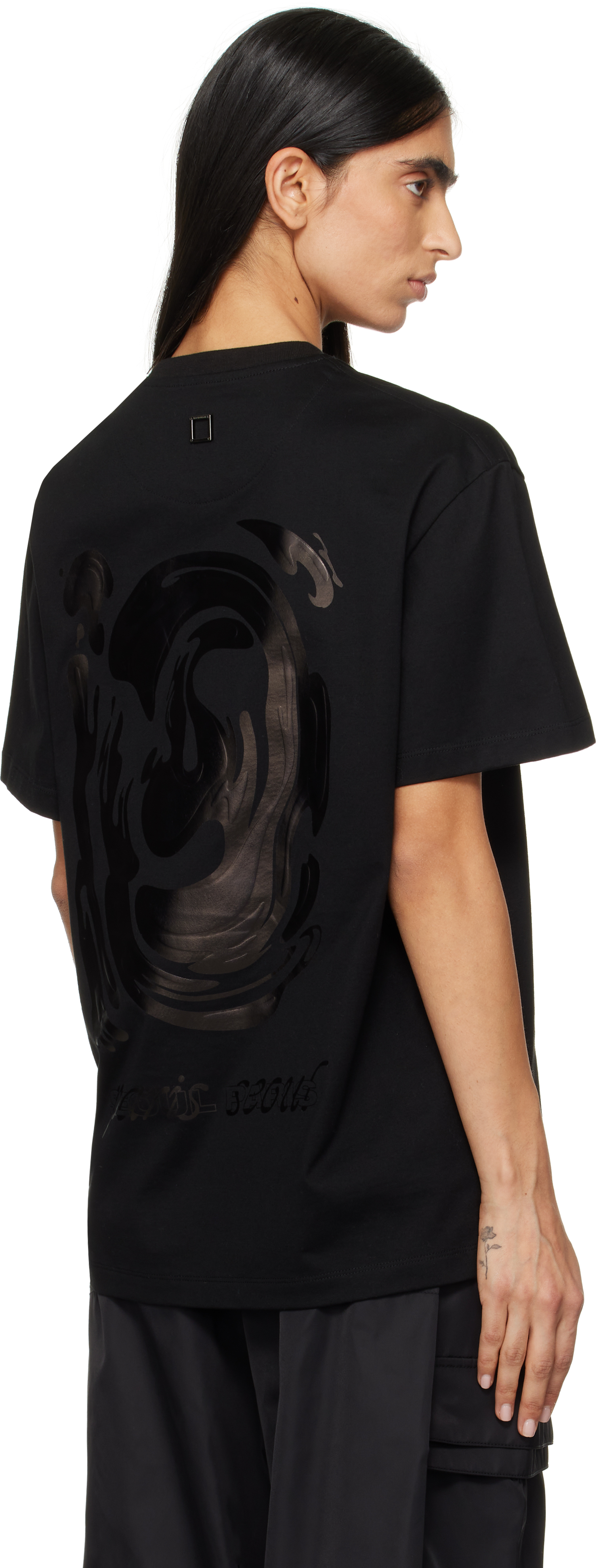 WOOYOUNGMI BLACK METALLIC GRAPHIC T-SHIRT 