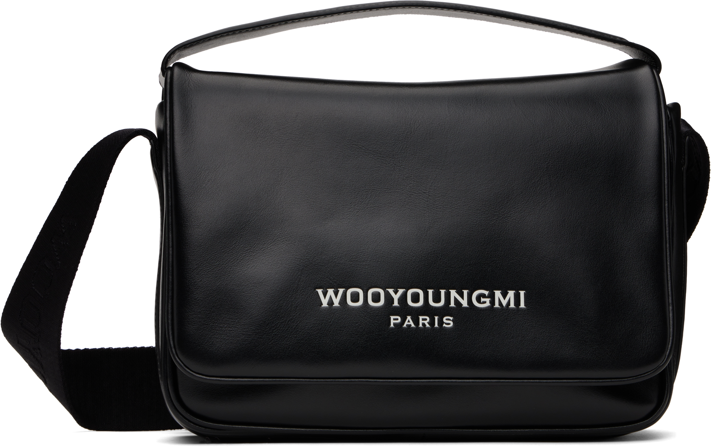 Black Logo Leather Messenger Bag