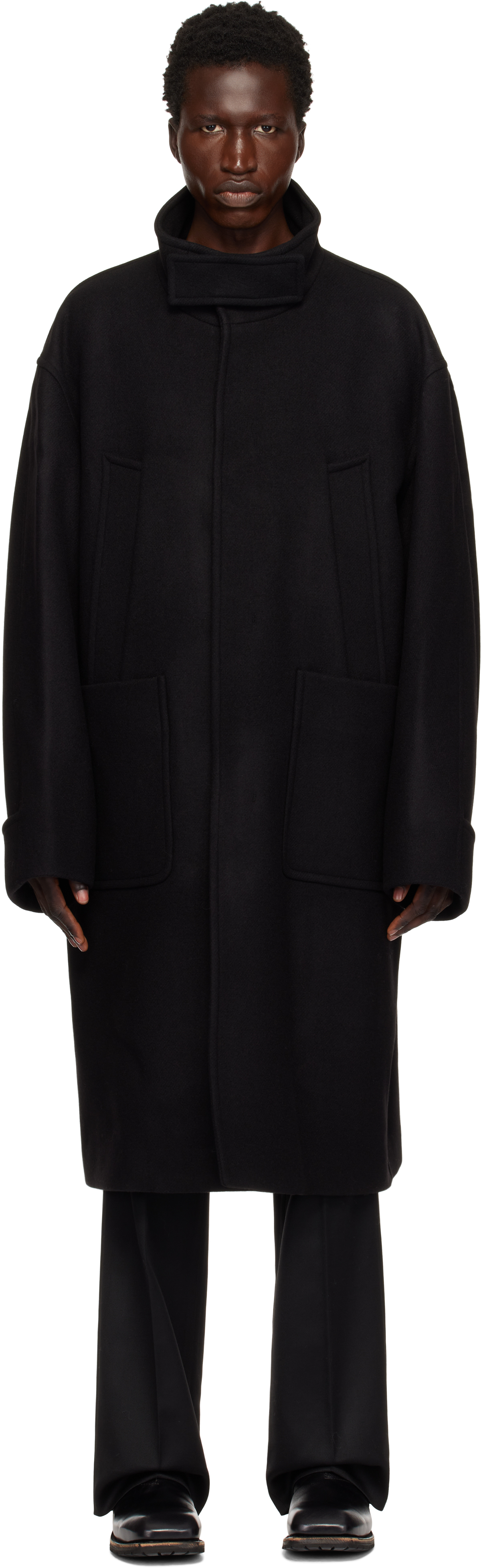 Black Wool Blend High Neck Coat