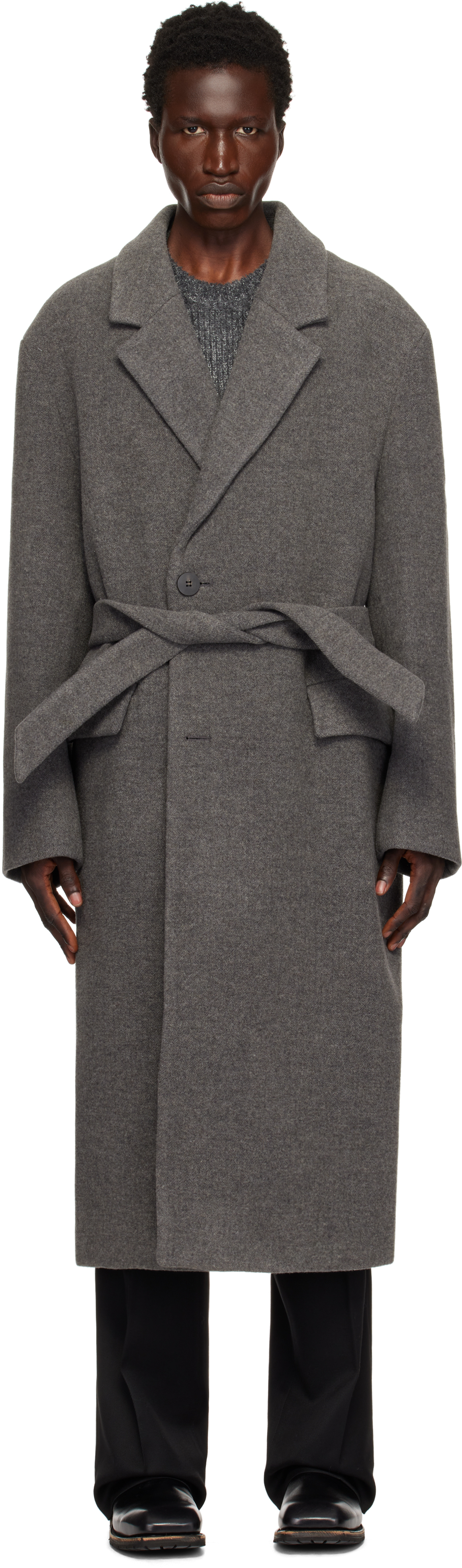 Gray Wool Blend Belted Coat