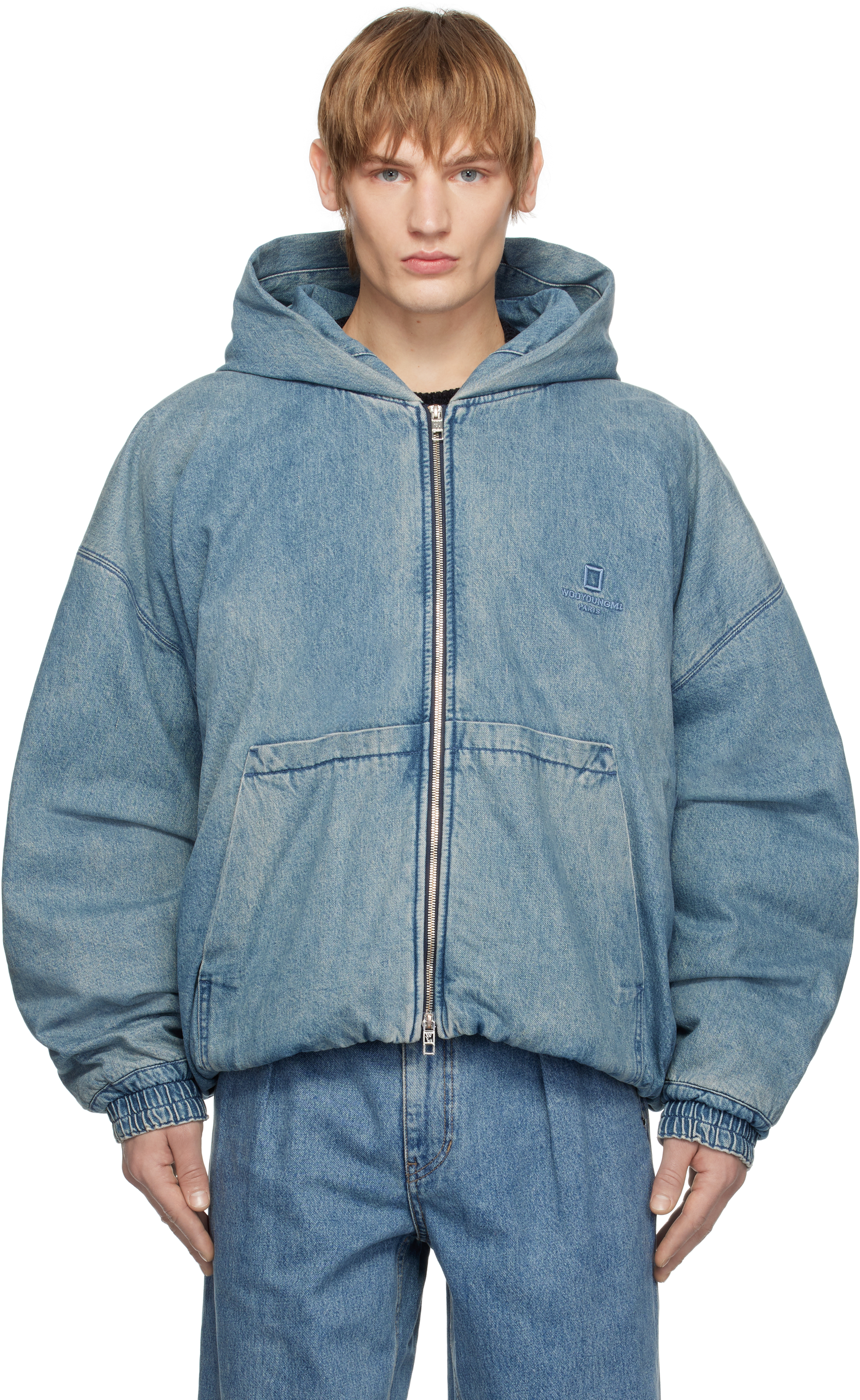 Blue Denim Hooded Jacket by WOOYOUNGMI on Sale