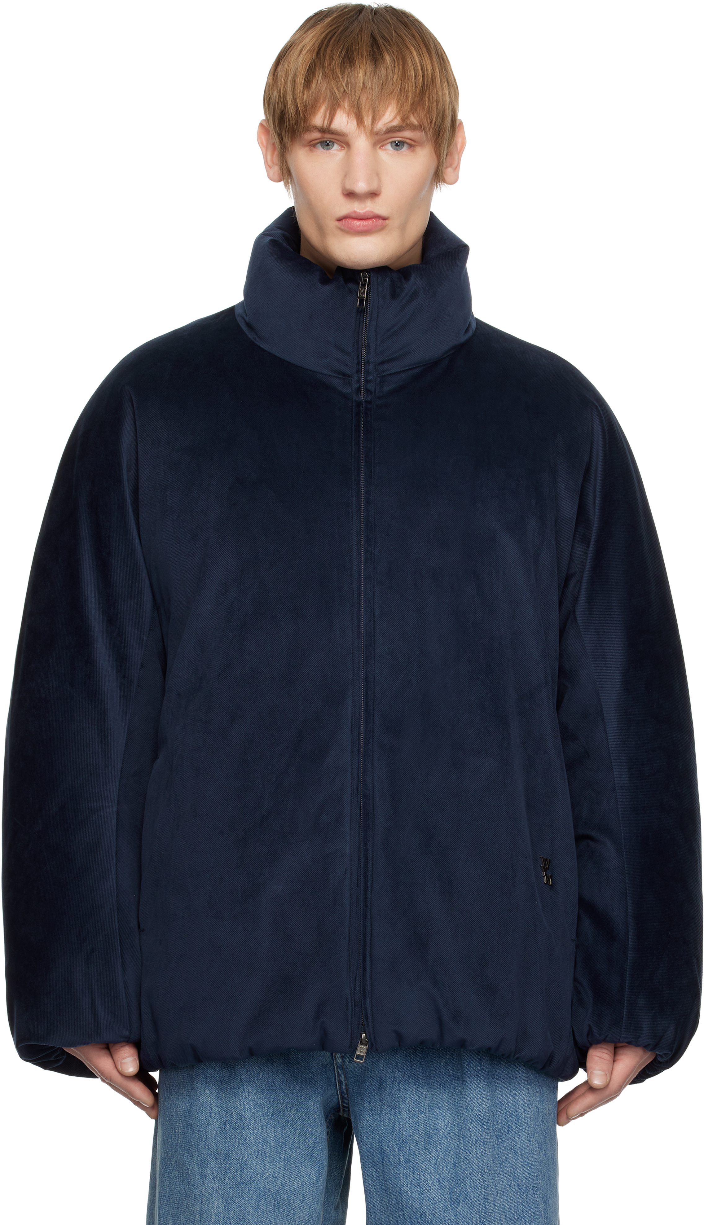 Wooyoungmi Navy Velour High Neck Goose Down Jacket In 951n Navy