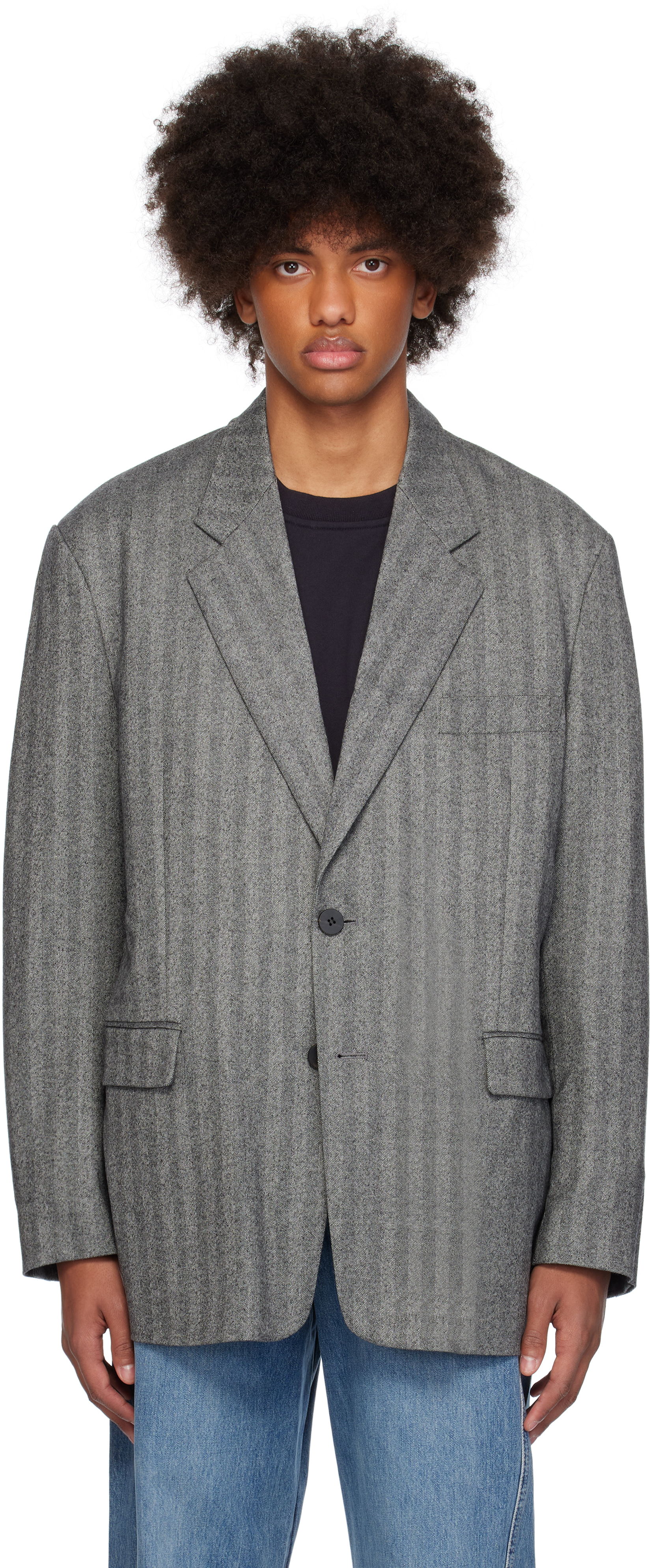 Gray Herringbone Wool Single Blazer