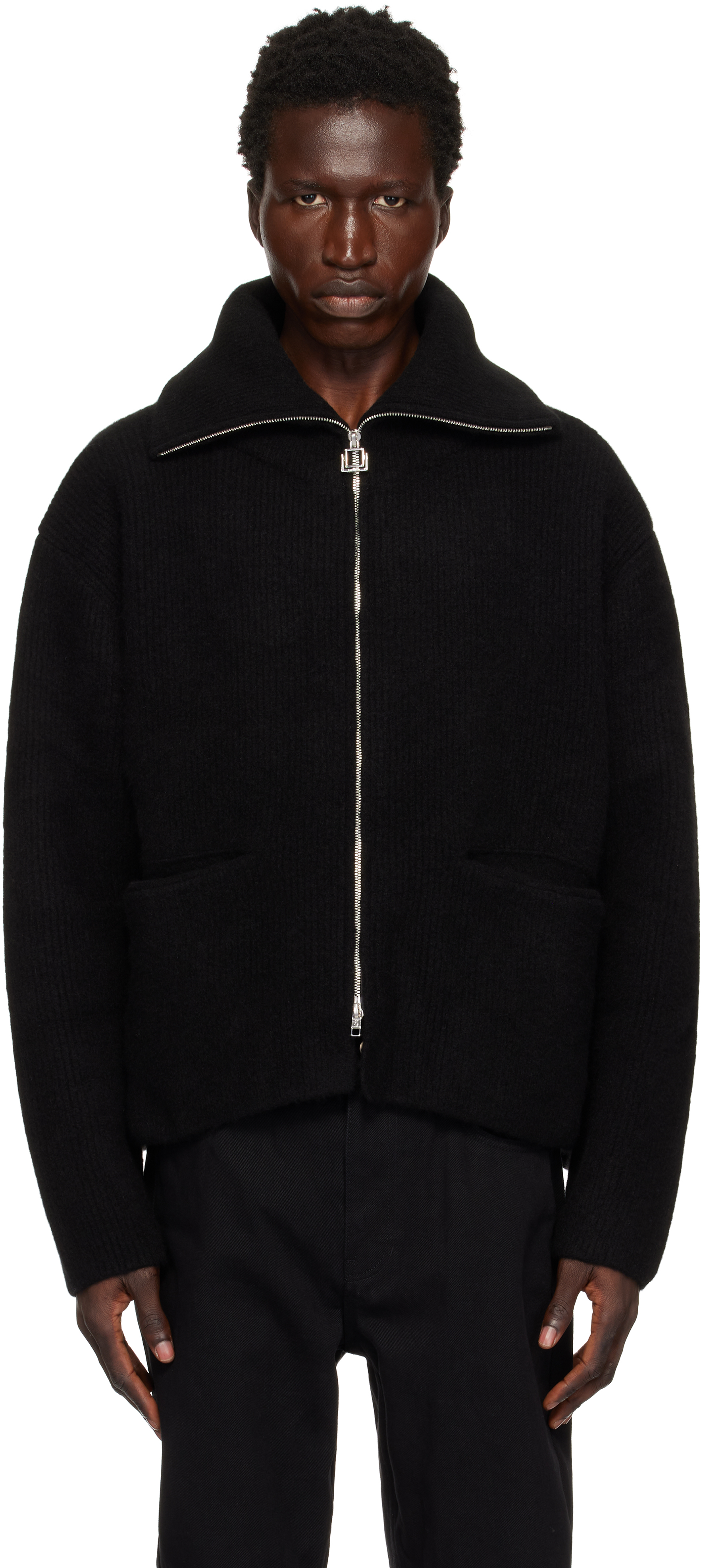 Black High Neck Zip Up Cardigan