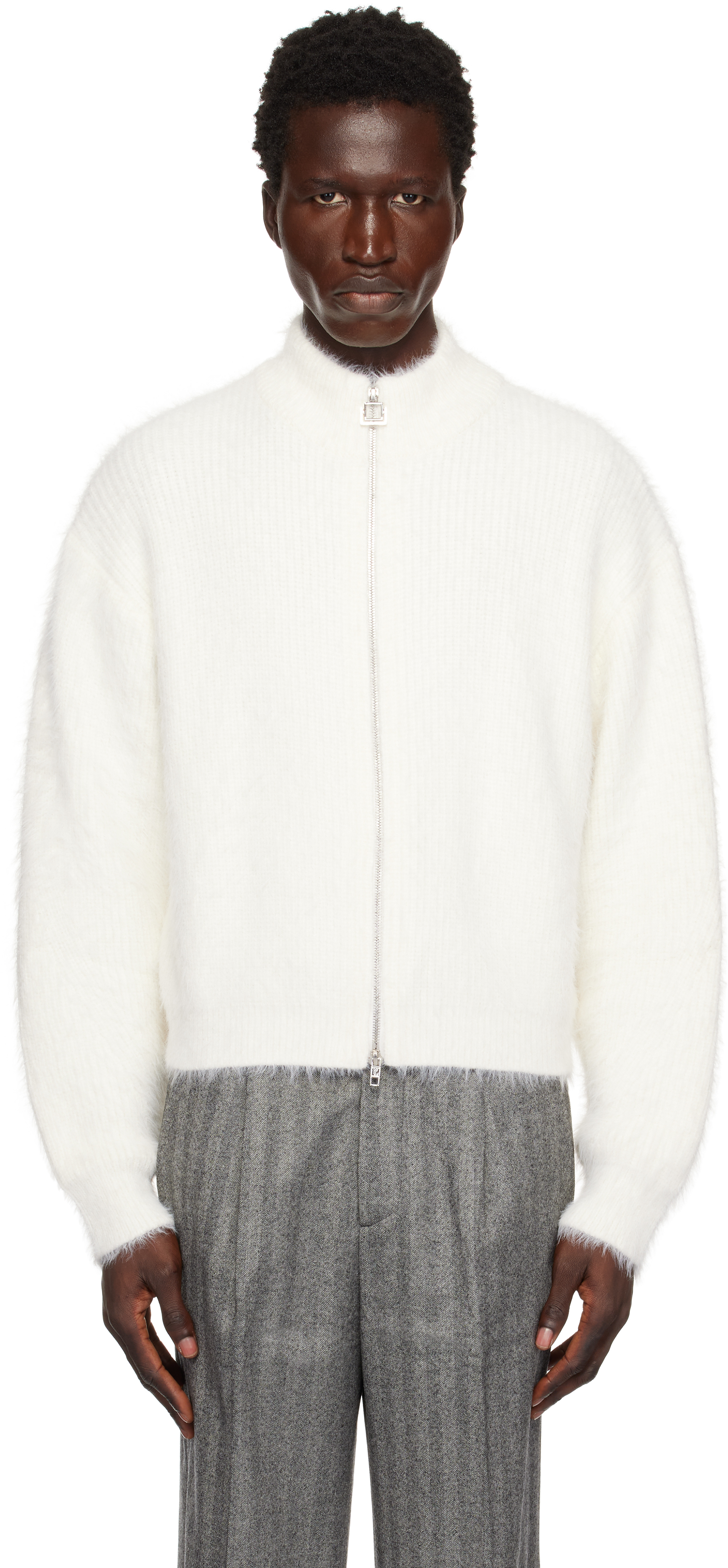 White High Neck Zip-up Sweater