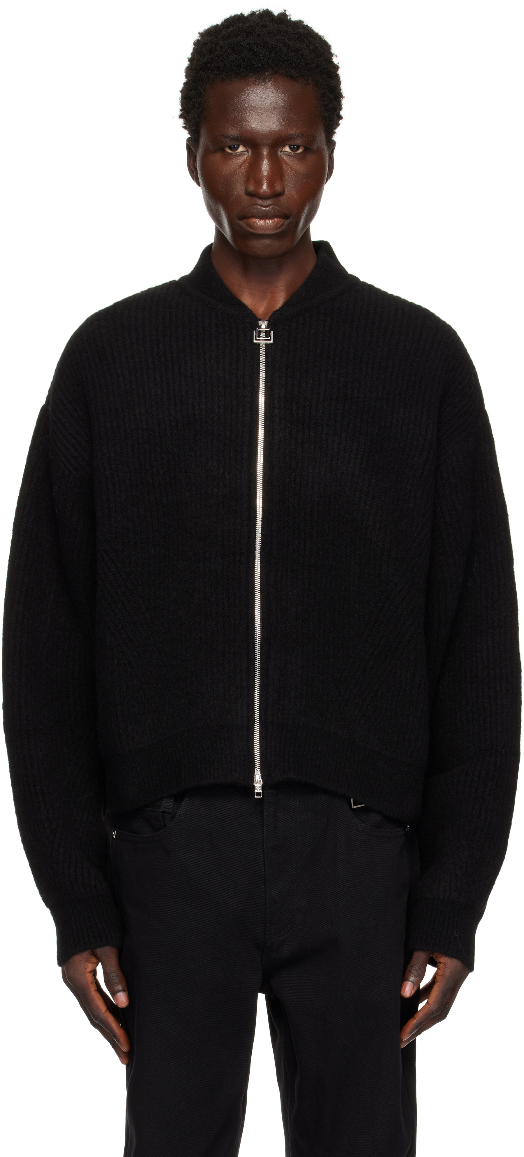 Black Wool Blend Zip Up Cardigan