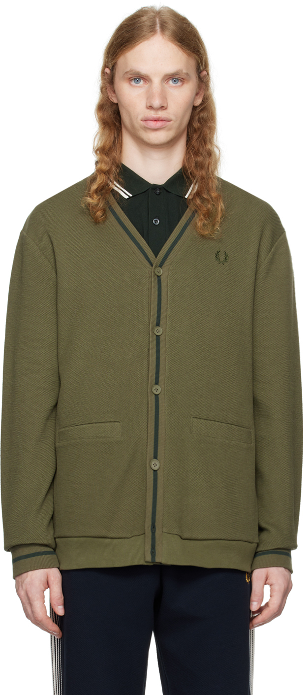 Shop Fred Perry Green Tipped Piqué Texture Cardigan In W49