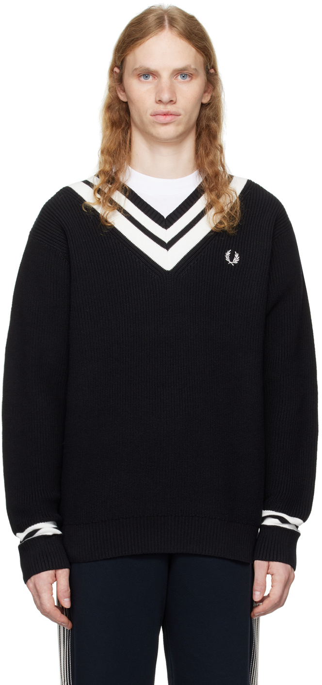 Shop Fred Perry Black Striped Trim V-neck Sweater In 102