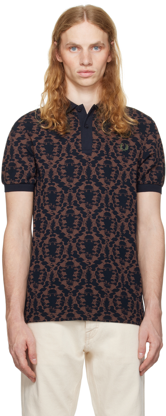 Navy & Brown Ink Blot Print Polo