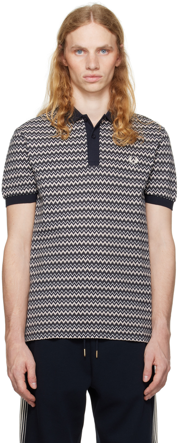 FREDPERRYポロ Fred Perry: White & Black Zig Zag Print Polo | SSENSE