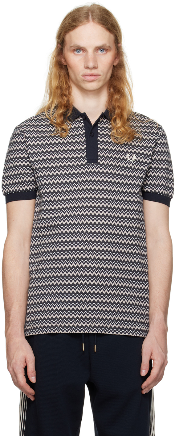 White & Black Zig Zag Print Polo